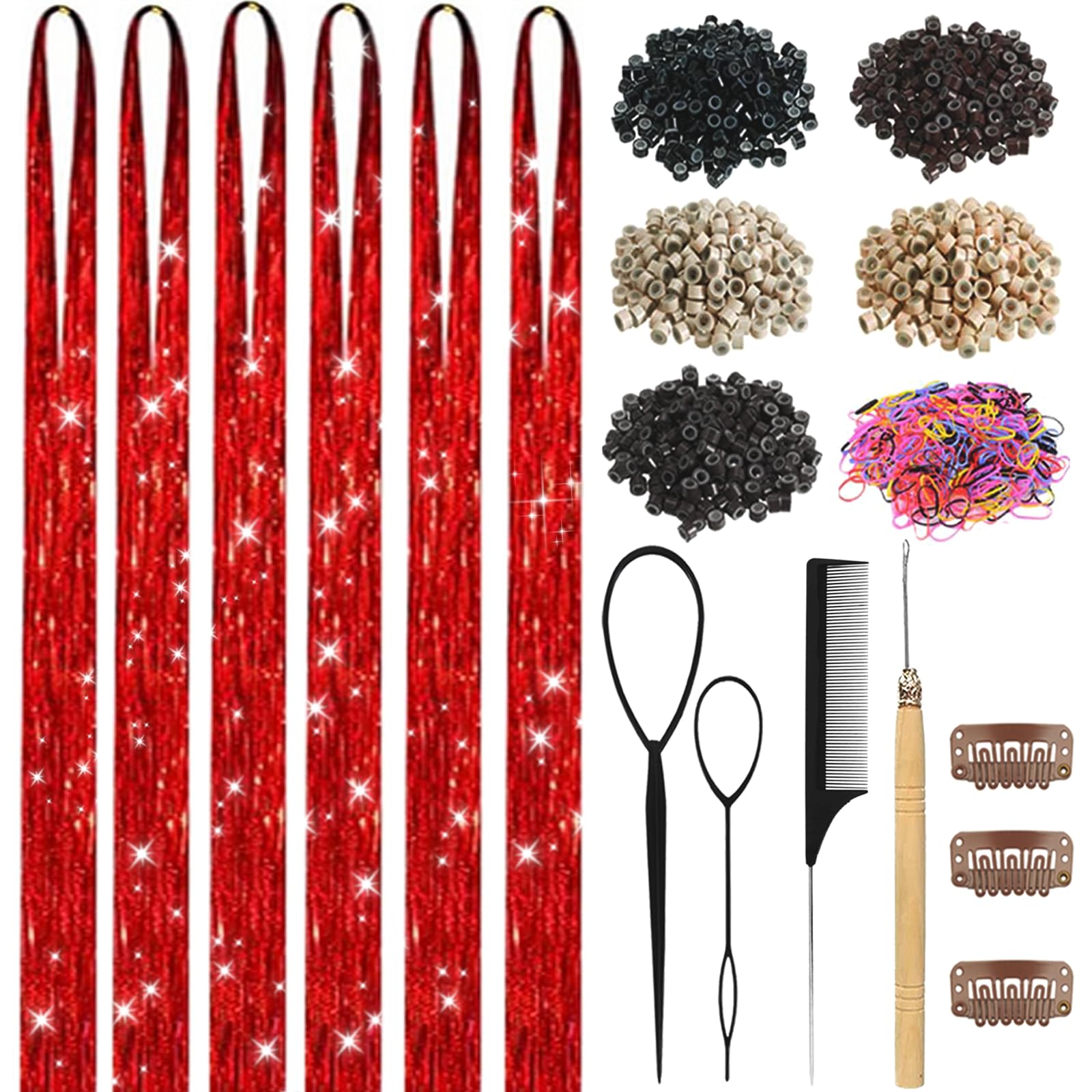 Hair Tinsel, Hair Tinsel Kit for Girls 1800 Strands Fairy Tinsel Hair Extensions Holographic Hair Tinsel Heat Resistant Colored Hair Glitter Christmas Party Festival (Red)