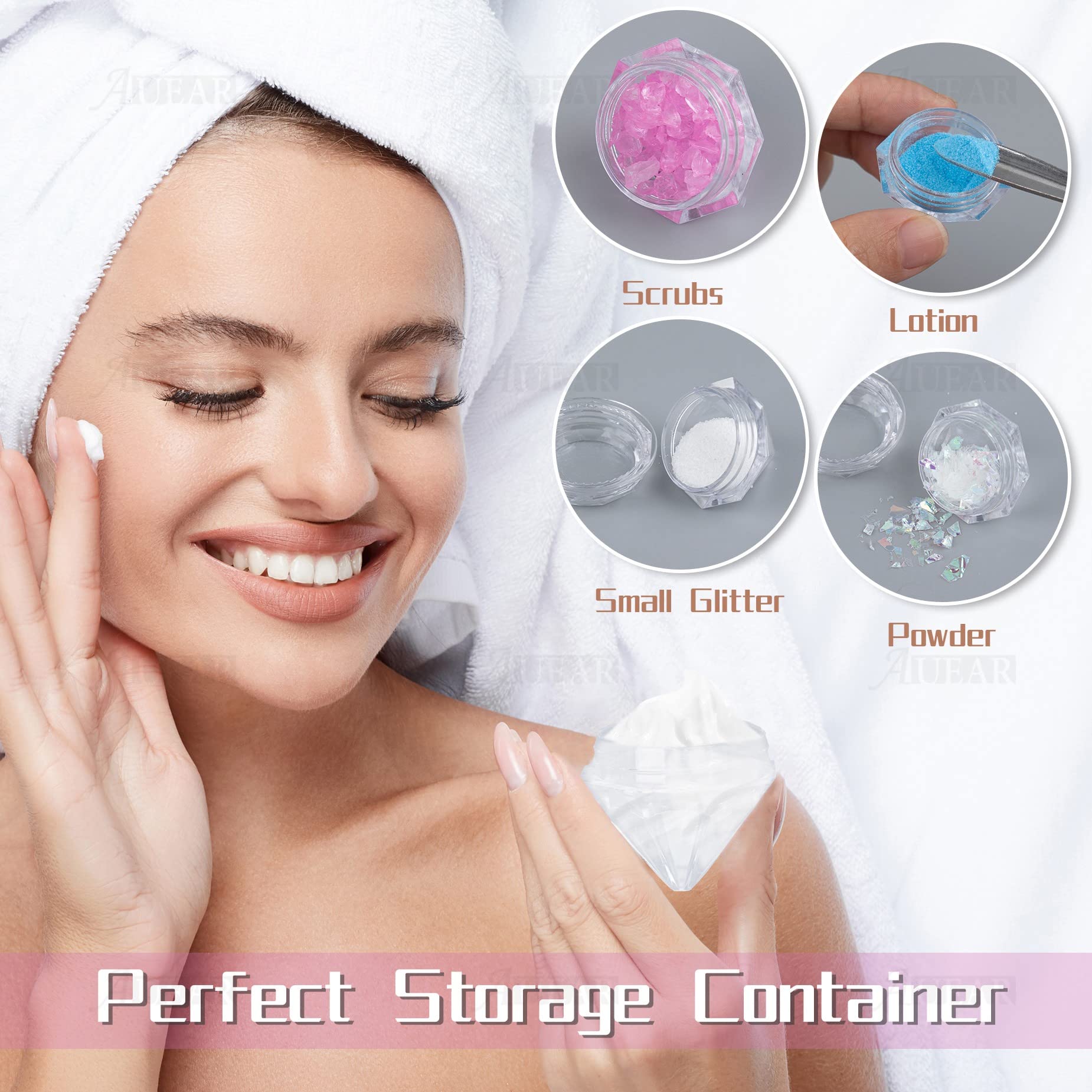 AUEAR, 50 Pack Diamond Shaped Clear Jars 5 ML Empty Refillable Cosmetic Small Jar Makeup Container with Lids Sample Trial Case Storage Box for Party Favors Container Decor