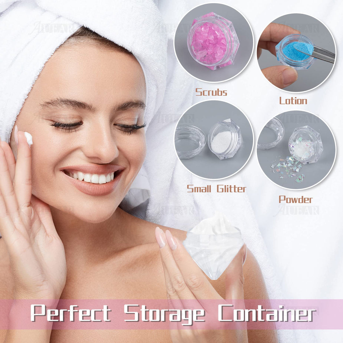 AUEAR, 50 Pack Diamond Shaped Clear Jars 5 ML Empty Refillable Cosmetic Small Jar Makeup Container with Lids Sample Trial Case Storage Box for Party Favors Container Decor