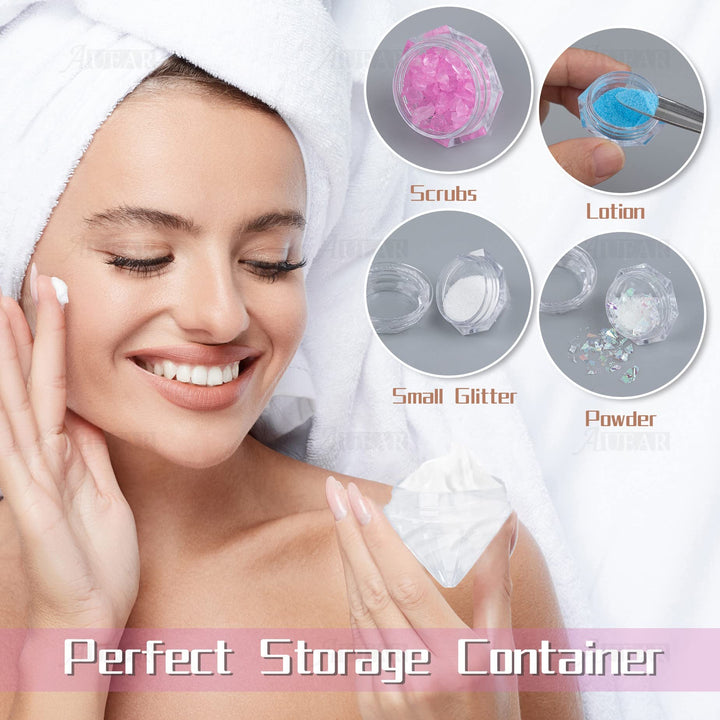 AUEAR, 50 Pack Diamond Shaped Clear Jars 5 ML Empty Refillable Cosmetic Small Jar Makeup Container with Lids Sample Trial Case Storage Box for Party Favors Container Decor