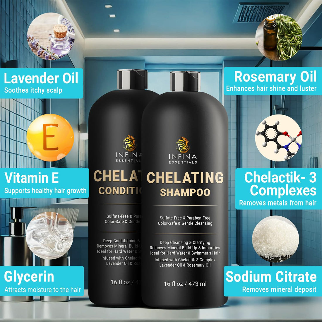 INFINA ESSENTIALS Chelating Hard Water Shampoo and Conditioner Set with Chelactik-3 & Rosemary Oil - Color Safe Metal Detox Shampoo and Conditioner for Mineral Build-Up & Swimmers Hair - 16 fl oz each
