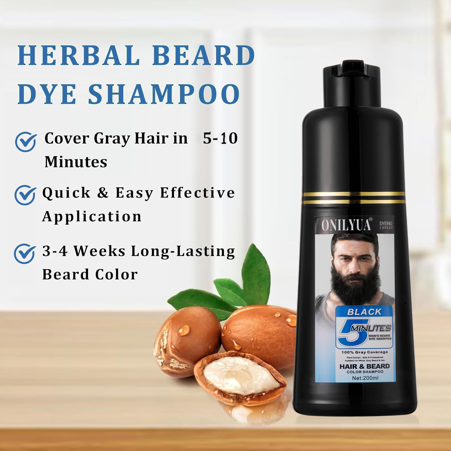 Men's Black Beard and Hair Dye Shampoo 3 in 1 - Long-Lasting Herbal Coloring for Gray Hair, Mustache & Beard in Minutes, 6.76 Fl Oz