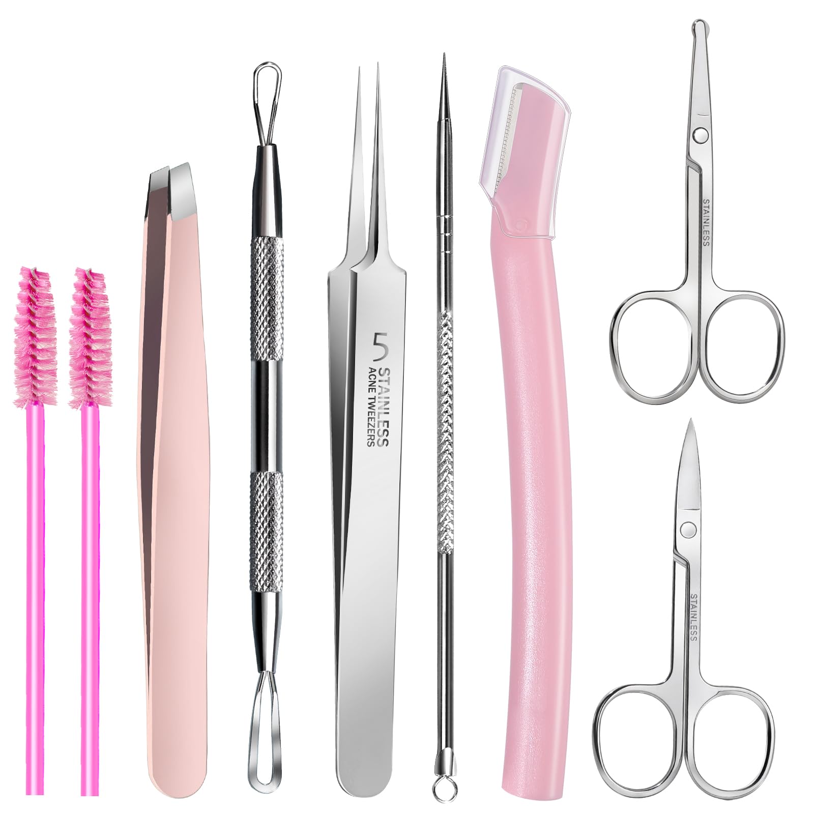 Teenitor Facial Tools Kit with Blackhead Remover Tweezers, Ingrown Hair Tweezers, Pimple Extractor Acne Treatment Tool, Eyebrow Scissors, Razor, Brush