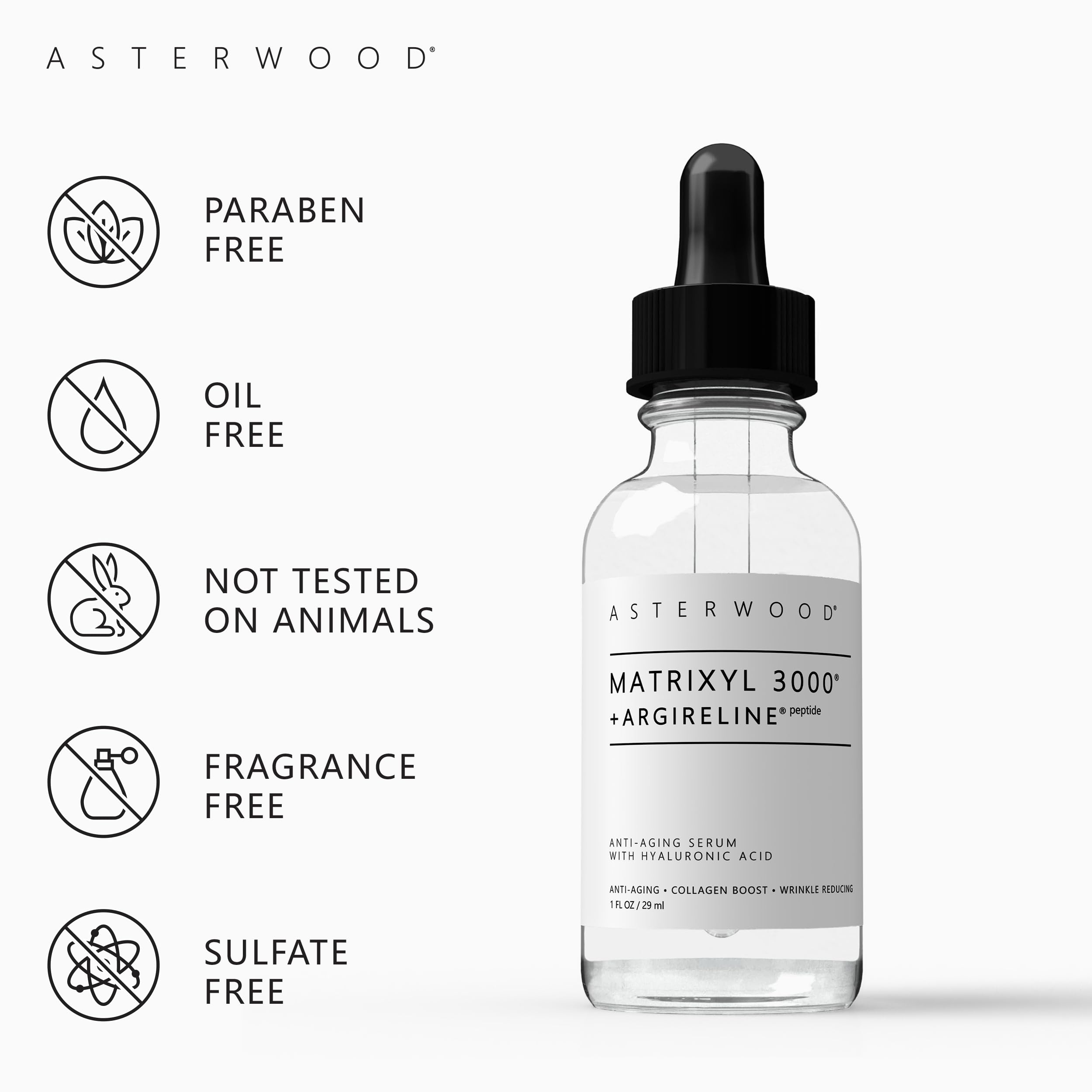 Asterwood Matrixyl 3000 + Argireline Serum with Hyaluronic Acid - Anti-Aging and Anti-Wrinkle - Peptides Serum For Face, 29ml/1 oz