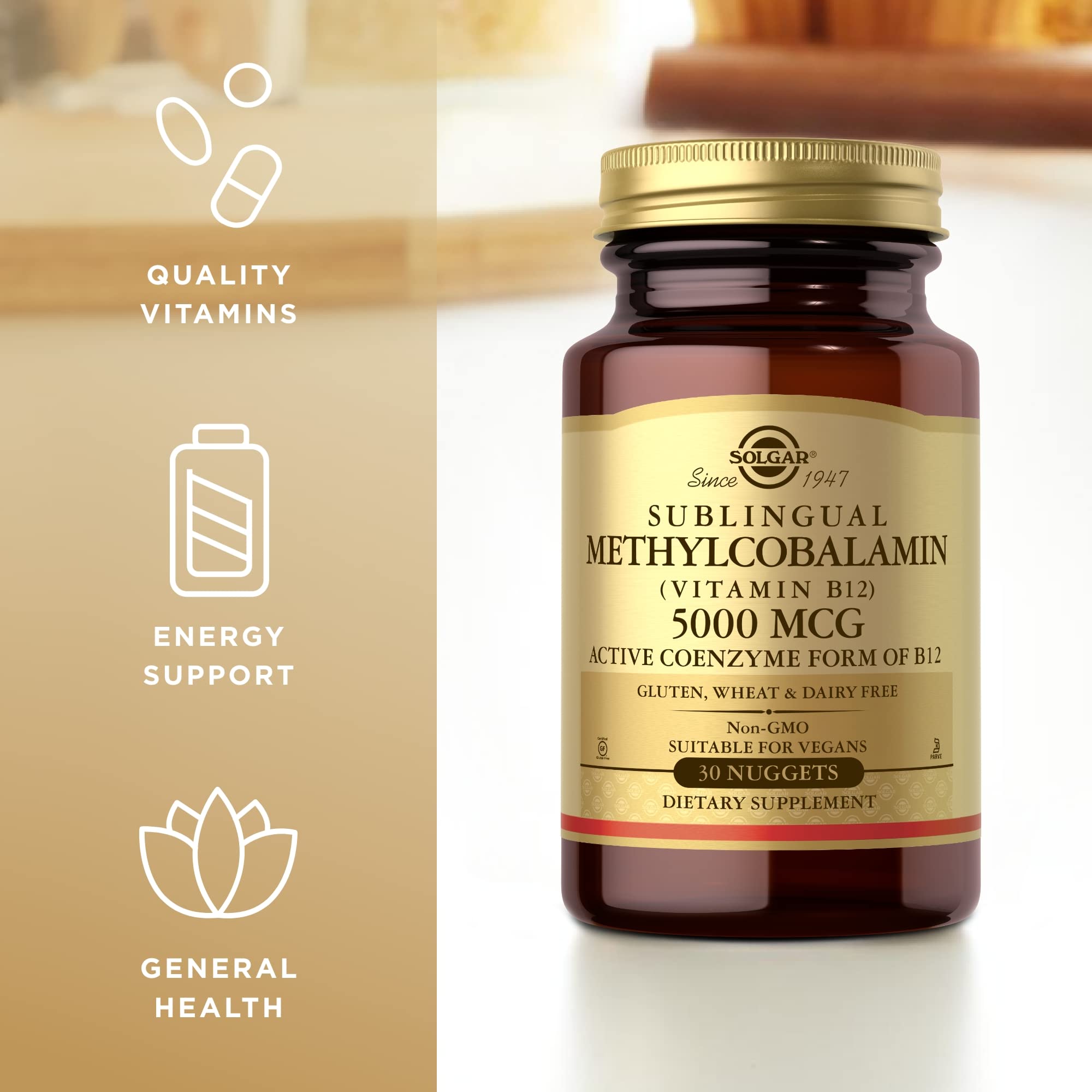 Solgar Methylcobalamin (Vitamin B12) 5000 mcg, 30 Nuggets - Cherry Flavor - Supports Energy Metabolism - Body-Ready, Active Form - Non-GMO, Vegan, Gluten Free - 30 Servings