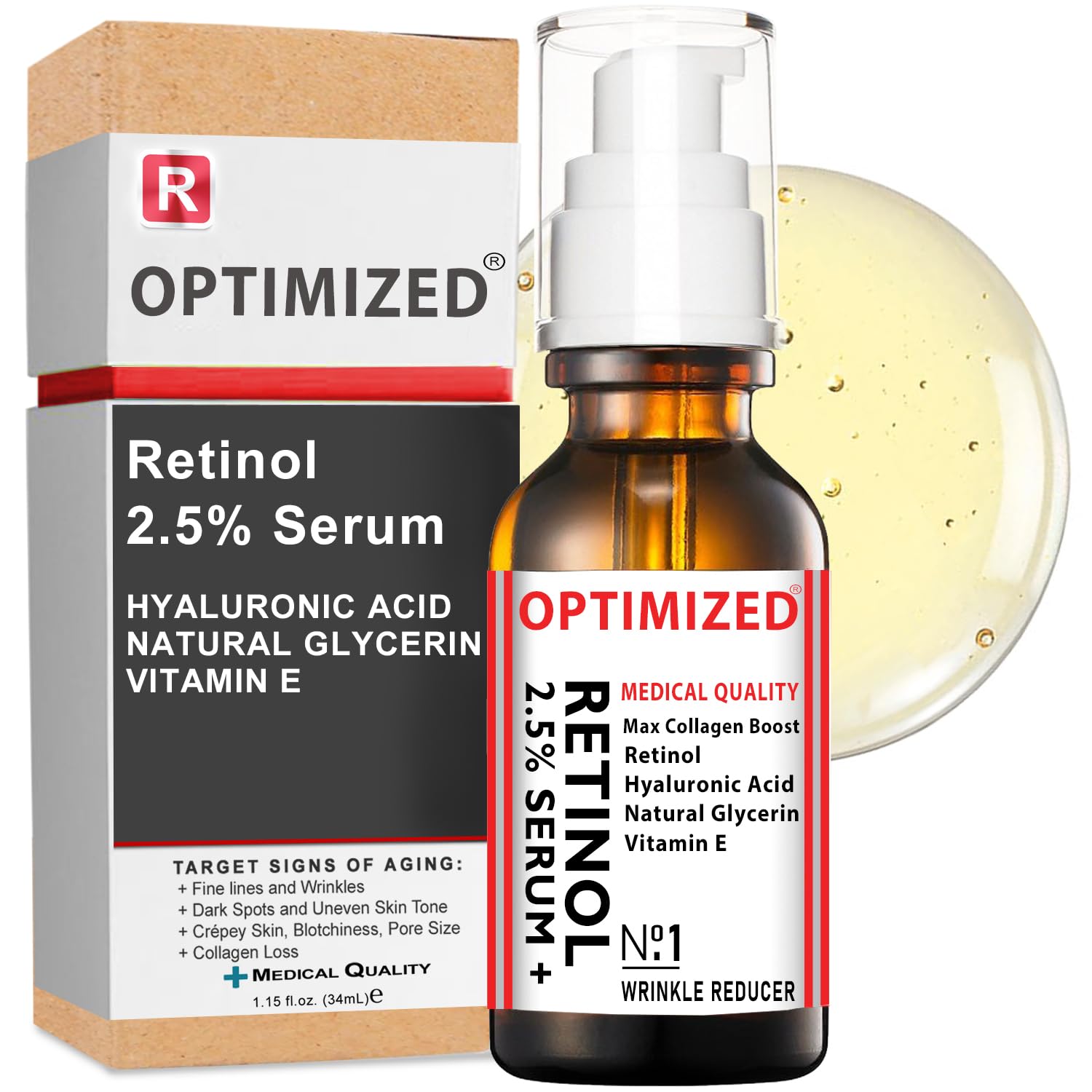 Retinol Serum 2.5% with Hyaluronic Acid, Glycerin, Vitamin E - Reduce Wrinkles, Fine Lines, Even Skin.