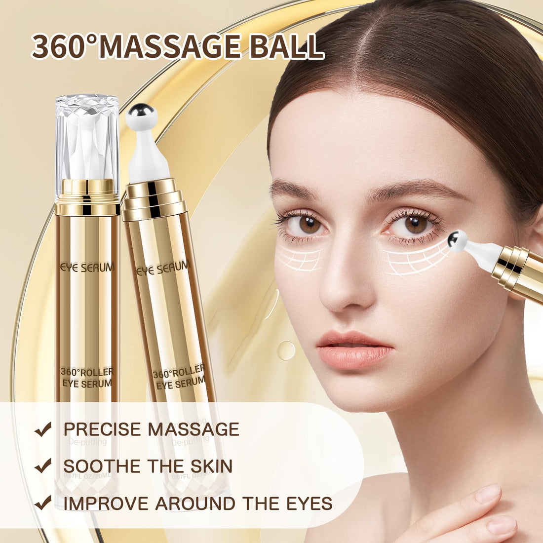 Caffeine Eye Serum, Hyaluronic Acid Under Eye Cream for Dark Circles and Puffiness, Anti Aging with 360° Massage Ball Reduce Bags, Wrinkles and Fine Lines