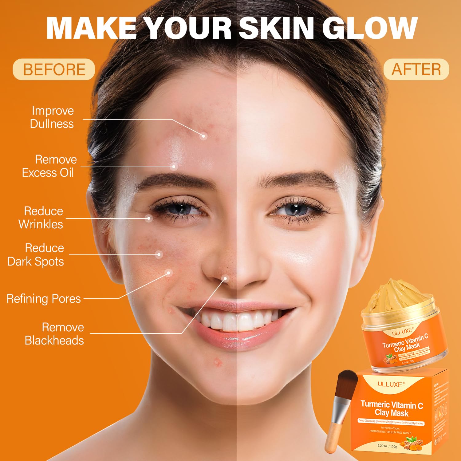 Turmeric Vitamin C Clay Mask for Dark Spots, Dull Skin, Blackheads, Skincare Facial Mask for Cleansing Pores, Moisturizing and Improve Uneven Skin Tone, Face Skincare Gift, 5.29 oz