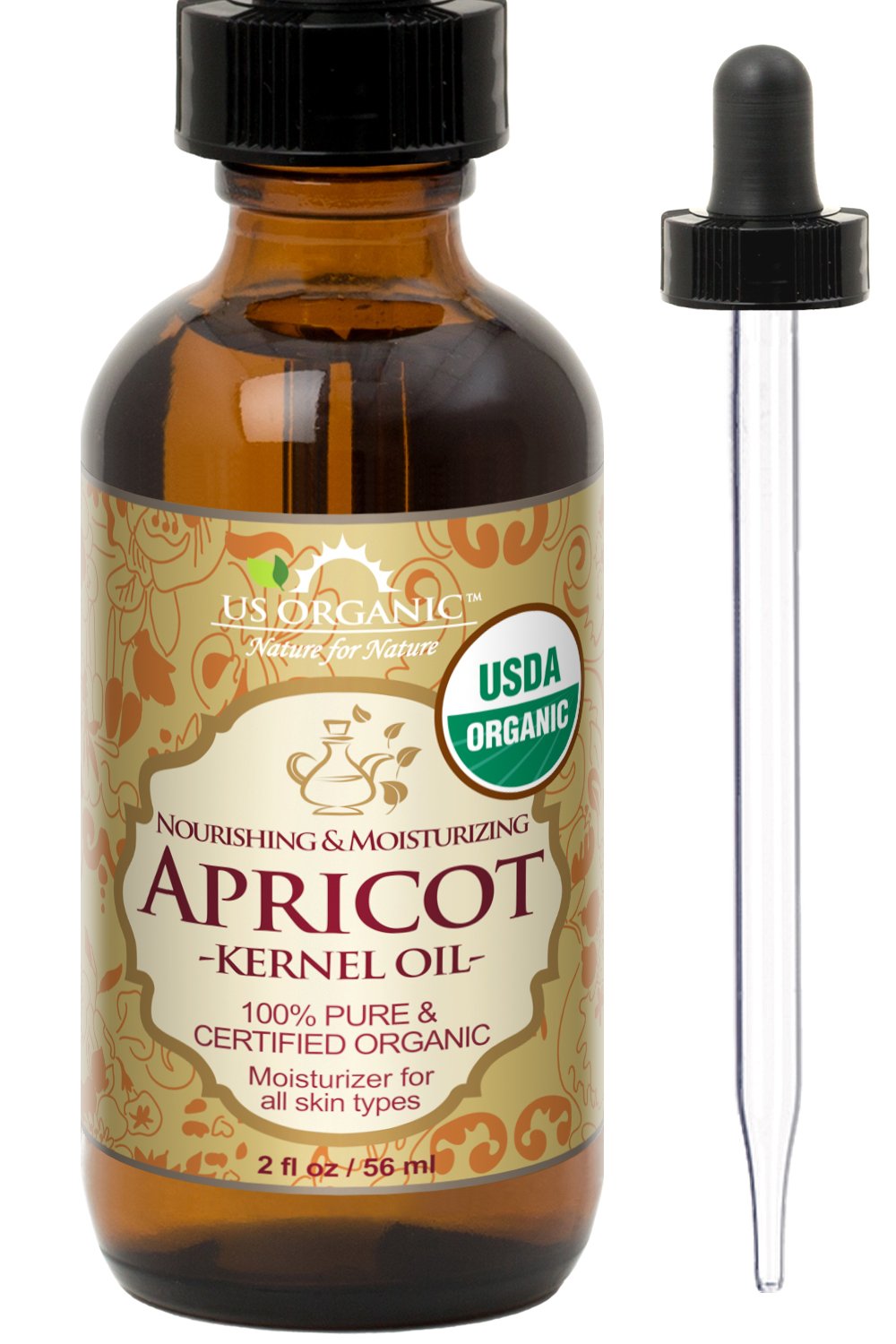 US Organic Apricot Kernel Oil, USDA Certified Organic,100% Pure & Natural, Cold Pressed Virgin, Unrefined in Amber Glass Bottle w/ Glass Eyedropper for Easy Application (2 oz (56 ml))