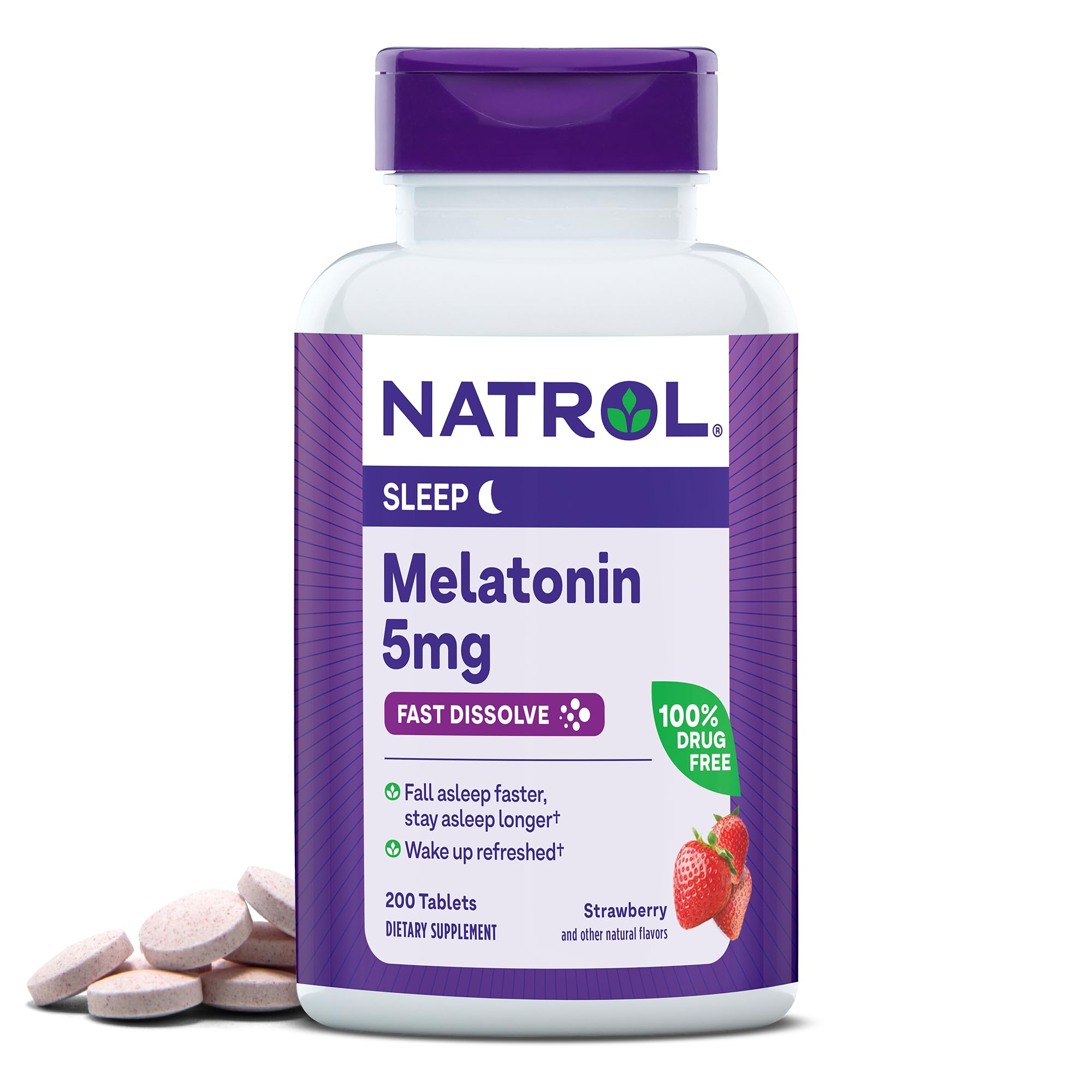 Natrol Melatonin 5mg Fast Dissolve Tablets, Sleep Support Supplements for Adults, Strawberry Flavor, 200 Tablets, Up to 200 Day Supply