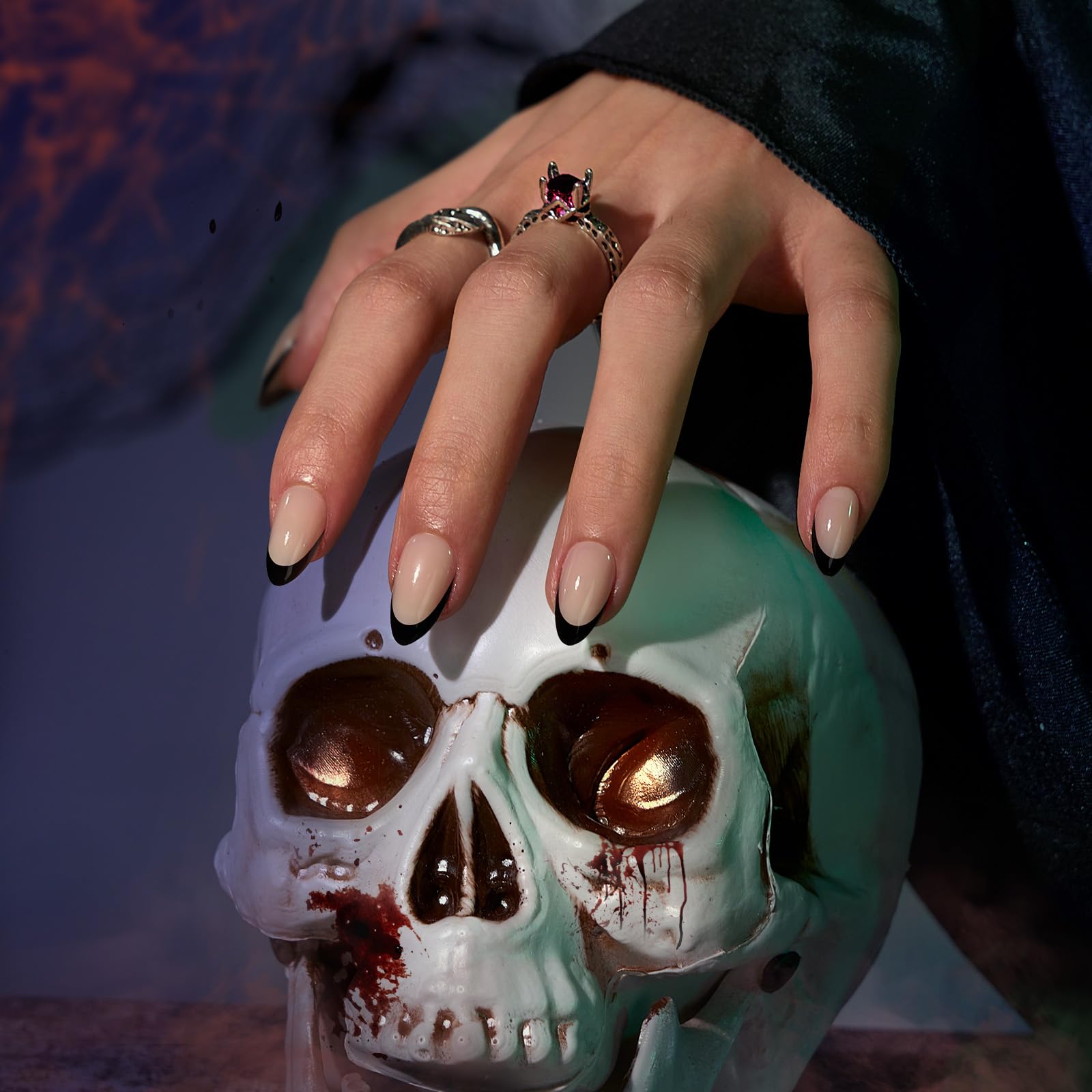 BTArtbox French Tip Press On Nails Almond - Black Press on Nails Short, Glue On Nails for Women Gift, Supremely Fit Natural Reusable Stick On Nails in 16 Sizes - 32 Fake Nails Kit, Black French