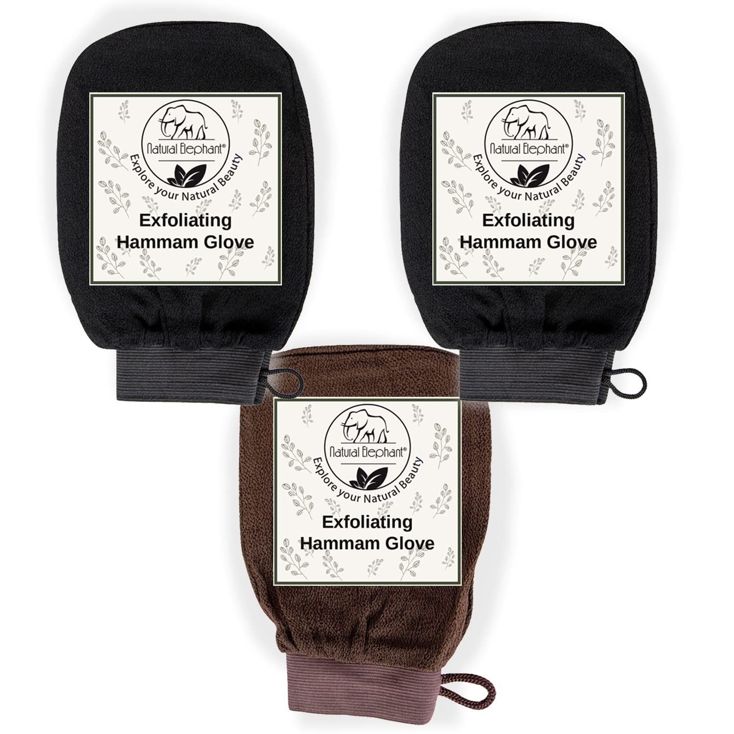 Natural Elephant Exfoliating Hammam Glove (2 Black and 1 Brown (Pack of 3))