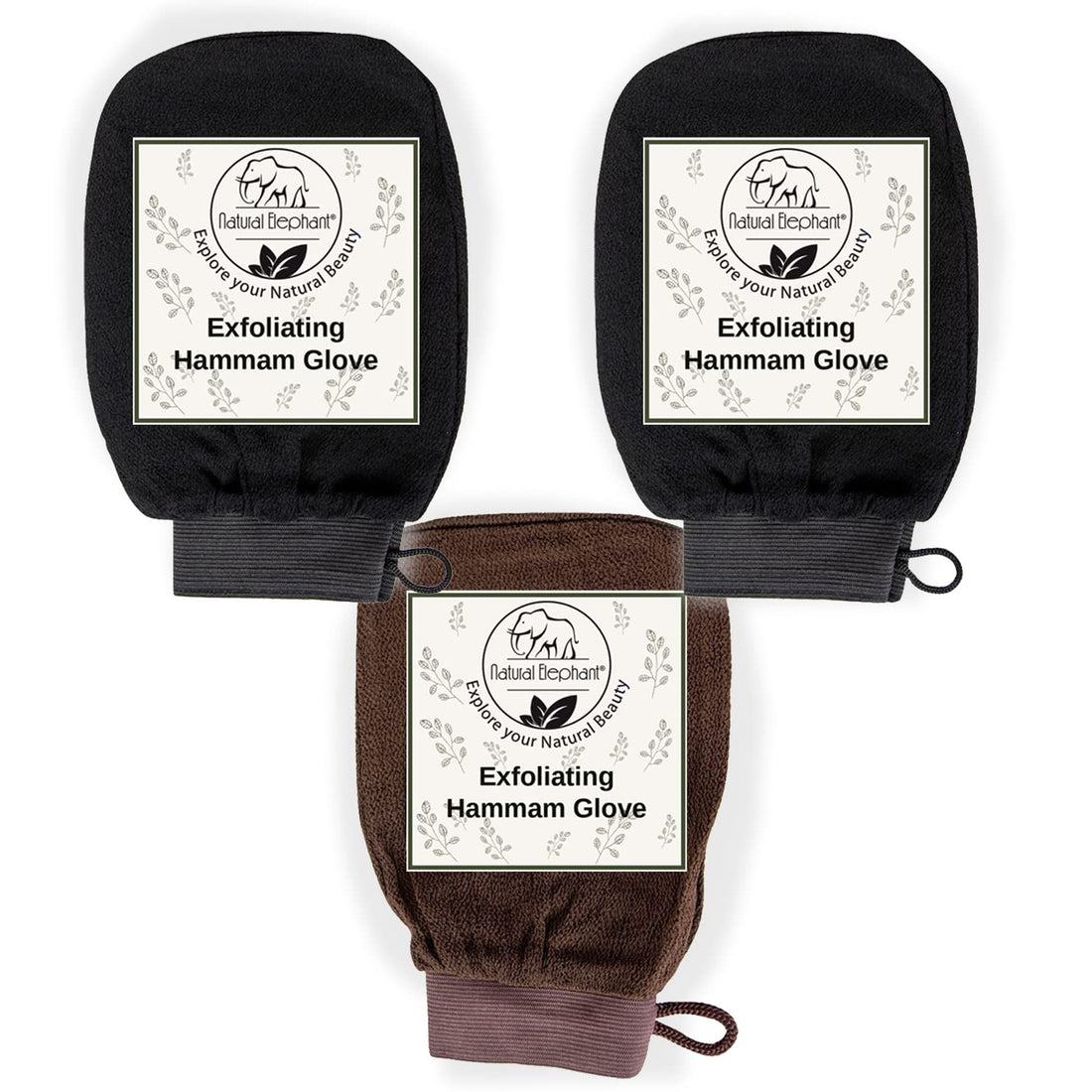 Natural Elephant Exfoliating Hammam Glove (2 Black and 1 Brown (Pack of 3))