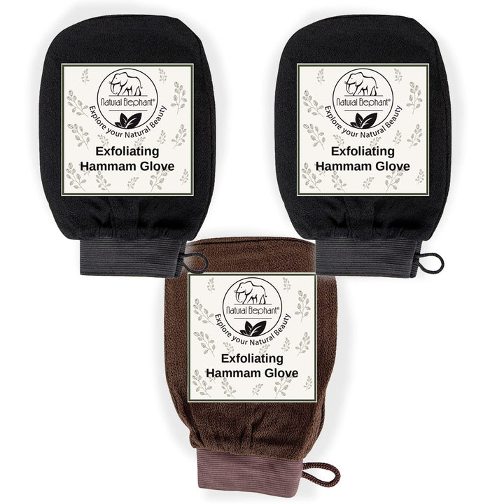 Natural Elephant Exfoliating Hammam Glove (2 Black and 1 Brown (Pack of 3))