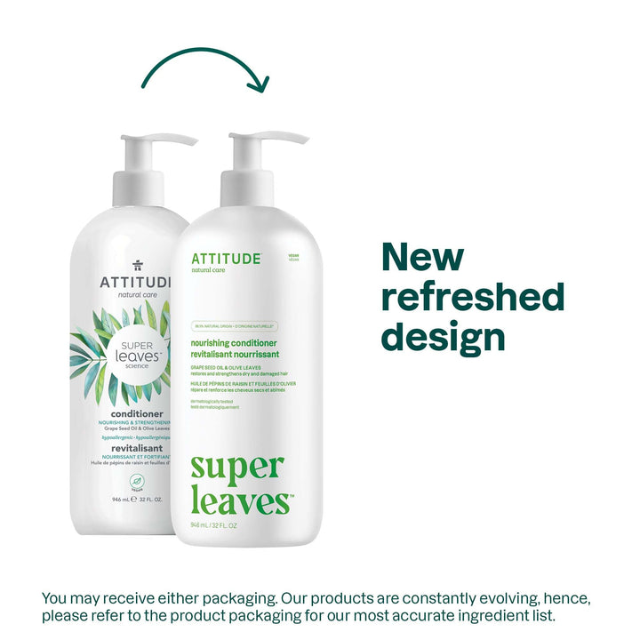 ATTITUDE Nourishing Hair Conditioner, For Dry and Damaged Hair, Naturally Derived Ingredients, Vegan Detangler, Dermatologically Tested, Grapeseed Oil and Olive Leaves, 32 Fl Oz