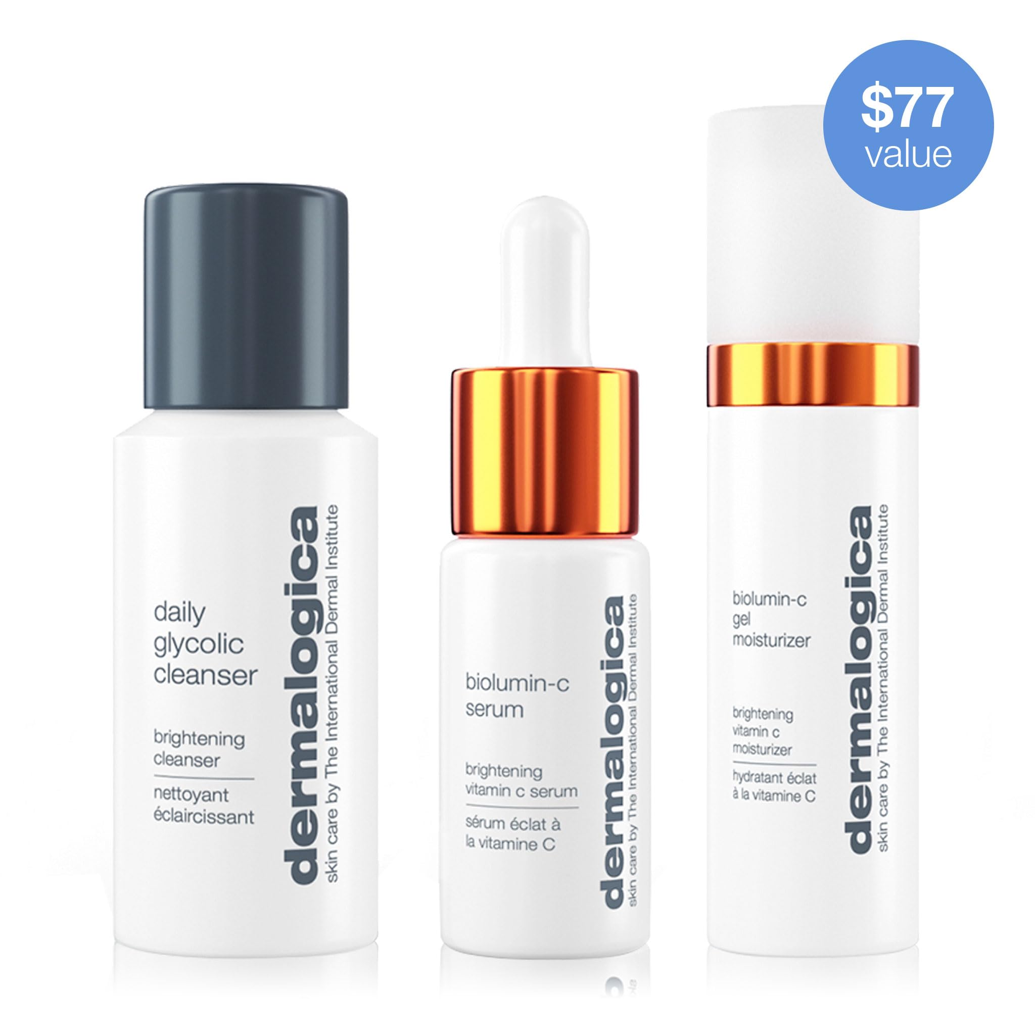 Dermalogica Daily Brightness Boosters Facial Skin Care Kit - Contains BioLumin-C Serum (0.3 oz), BioLumin-C Gel Moisturizer (0.5 oz), and Daily Glycolic Cleanser (1 oz)