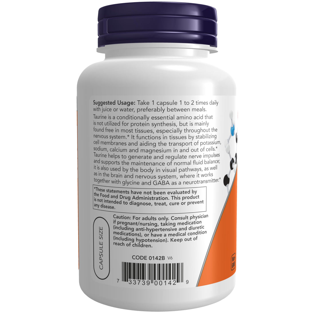 NOW Foods Supplements, Taurine 1,000 mg, Double Strength, Nervous System Health*, 100 Veg Capsules