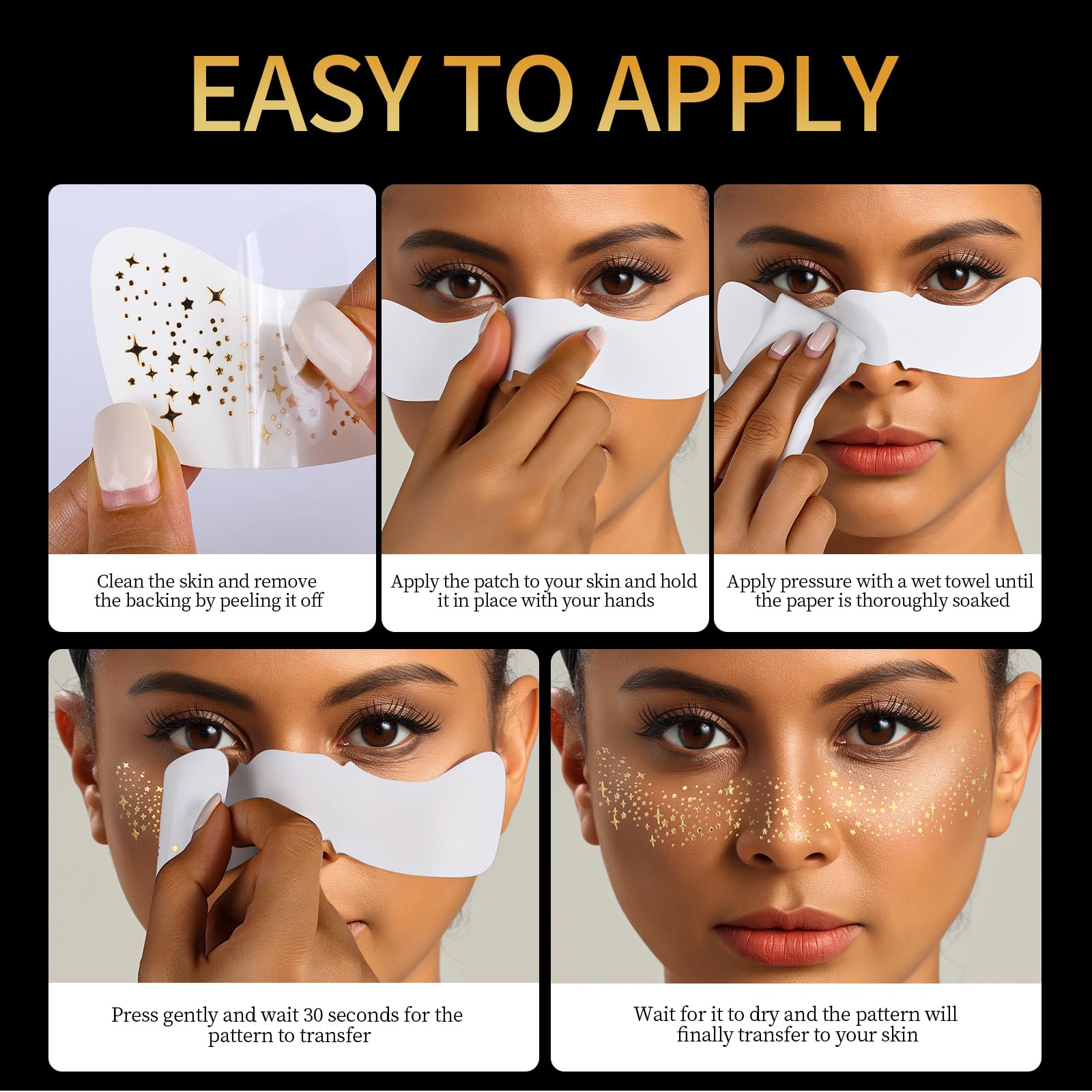 Teenitor 6 PCS Gold Face Glitter Freckles Face Tattoo, Gold Face Glitter Makeup Patches, Sweatproof Waterproof Face Freckles