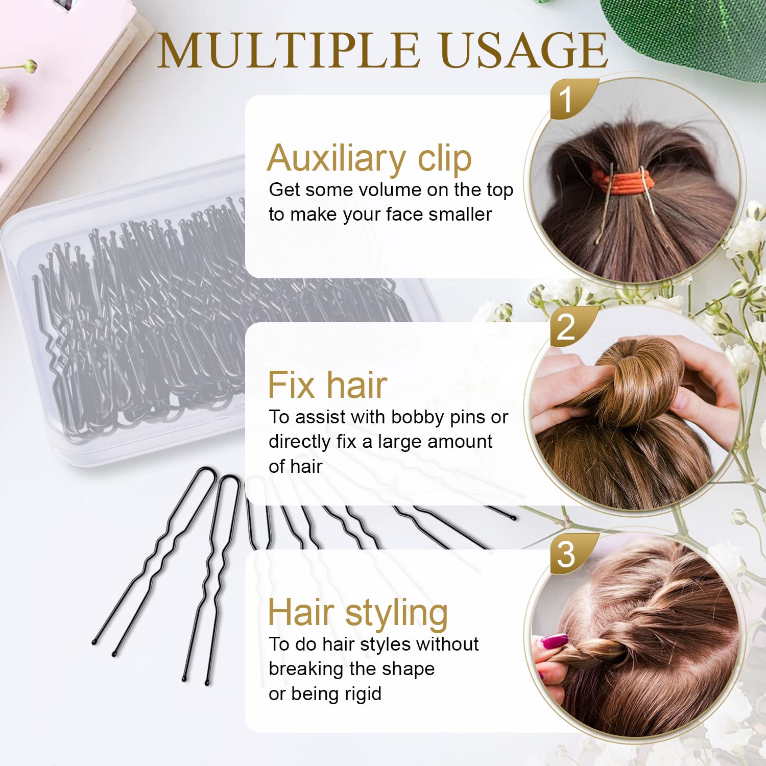 Bun Hair Pins, IKOCO 80pcs U Shaped Hair Pins for Women with Storage Box, Golden, 2.4 inch