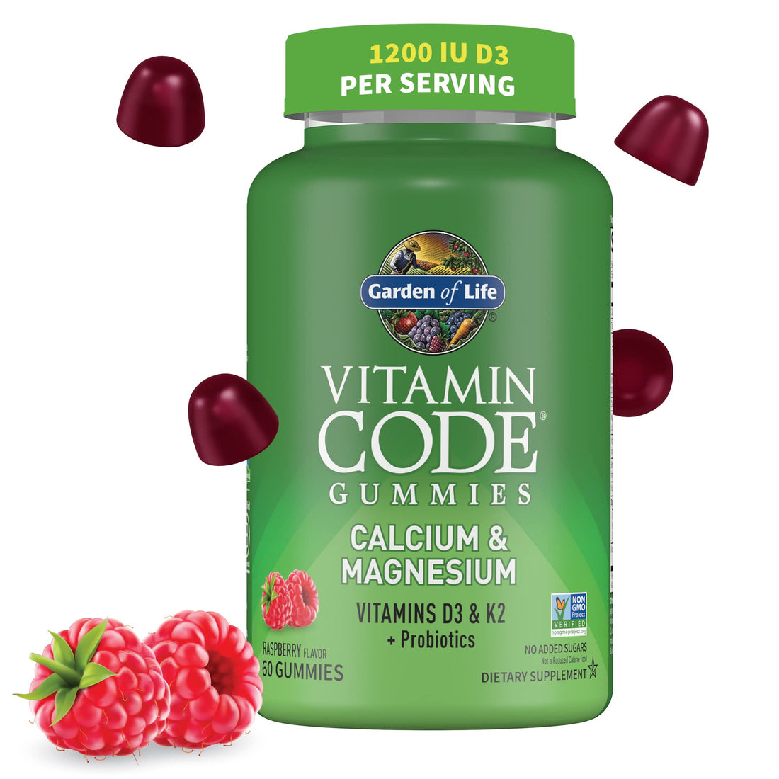Calcium Magnesium Gummies with D3 & K2, Supports Bone Health & Bone Strength + Prebiotics & Probiotics for Digestive Support, Vitamin Code, Non-GMO, Gluten-Free, 60 Raspberry Gummies, 30 Day Supply