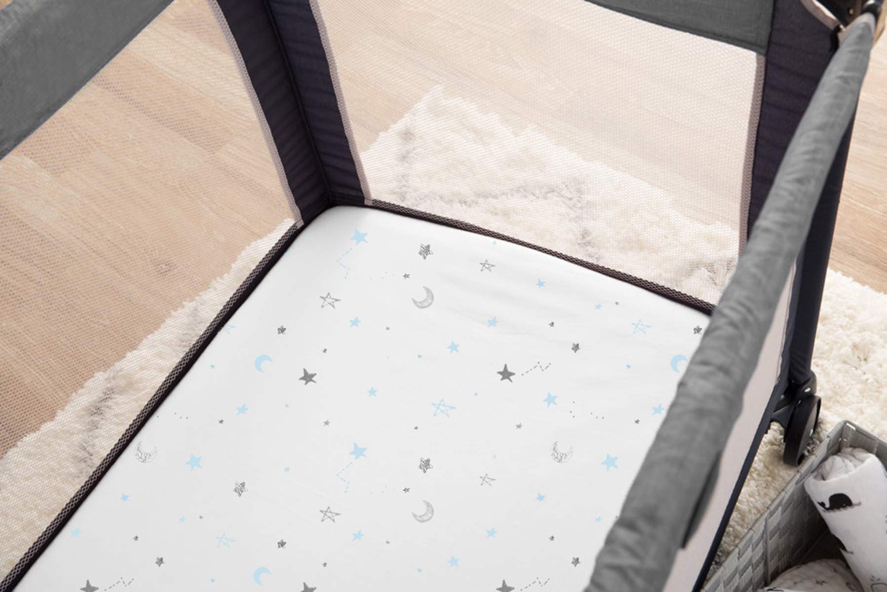 American Baby Company Fitted Pack N Play Playard Sheet 27 x 39, Soft Breathable 100% Cotton Jersey Pack and Play Sheet, Blue Stars and Moons, for Boys and Girls, Fits Most Mini Crib Mattresses