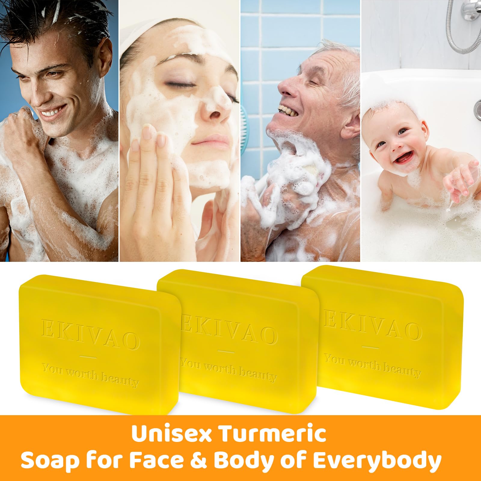 EKIVAO 3Packs Best Turmeric Soap Bar, Organic Tumeric Soap for Face and Body, Honey Lemon Turmeric bar Soap with Vitamin C, E, CitrusTurmeric Soap Face Wash for Smoothing, Moisturizing skin