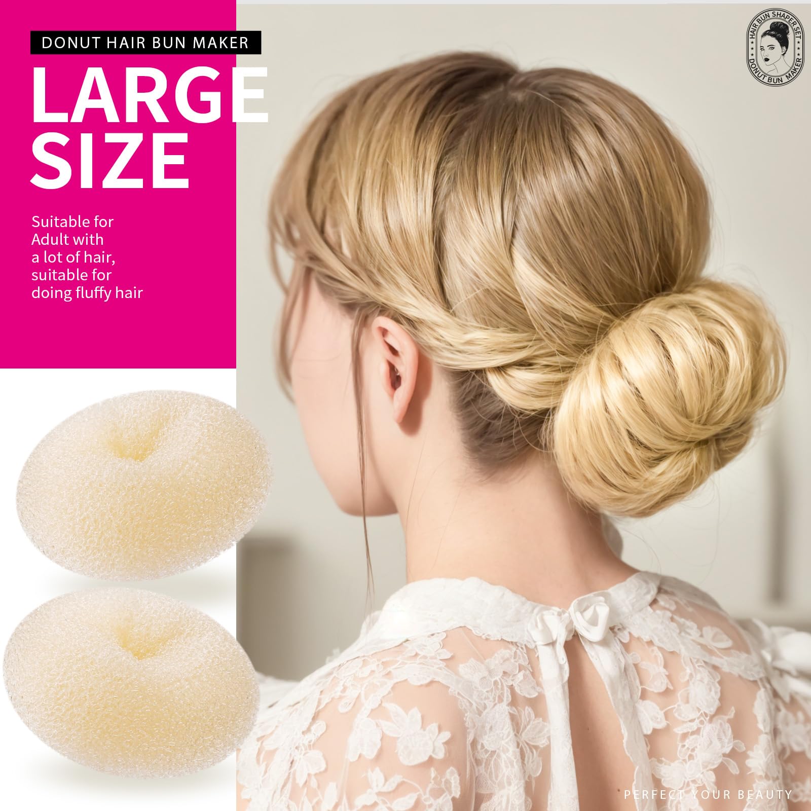 Donut Bun Maker, Teenitor Hair Bun Donut Maker Ring Style Bun Maker Set - 7 Buns Shaper & 5 Bands & 20 Bobby Pins For Chignon Hair Styles Ballet Dance Beige (2 Small 2 Medium 2 Large 1 Extra-large)