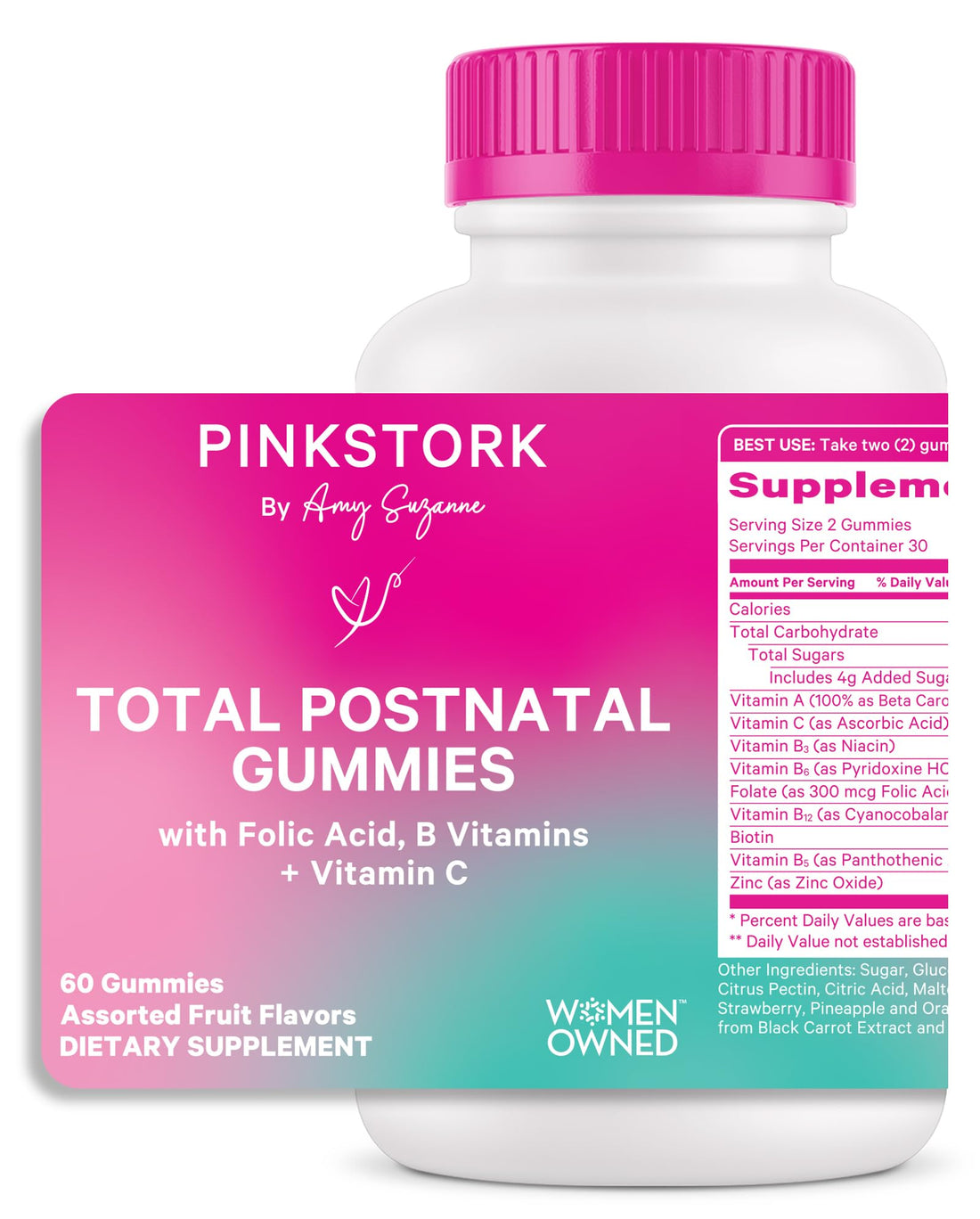 Pink Stork Total Postnatal Vitamin Gummies - Multivitamin for Postpartum Recovery and Lactation Support - Folic Acid, B6, & Vitamin C - Breastfeeding Essentials - 60 Gummy Vitamins