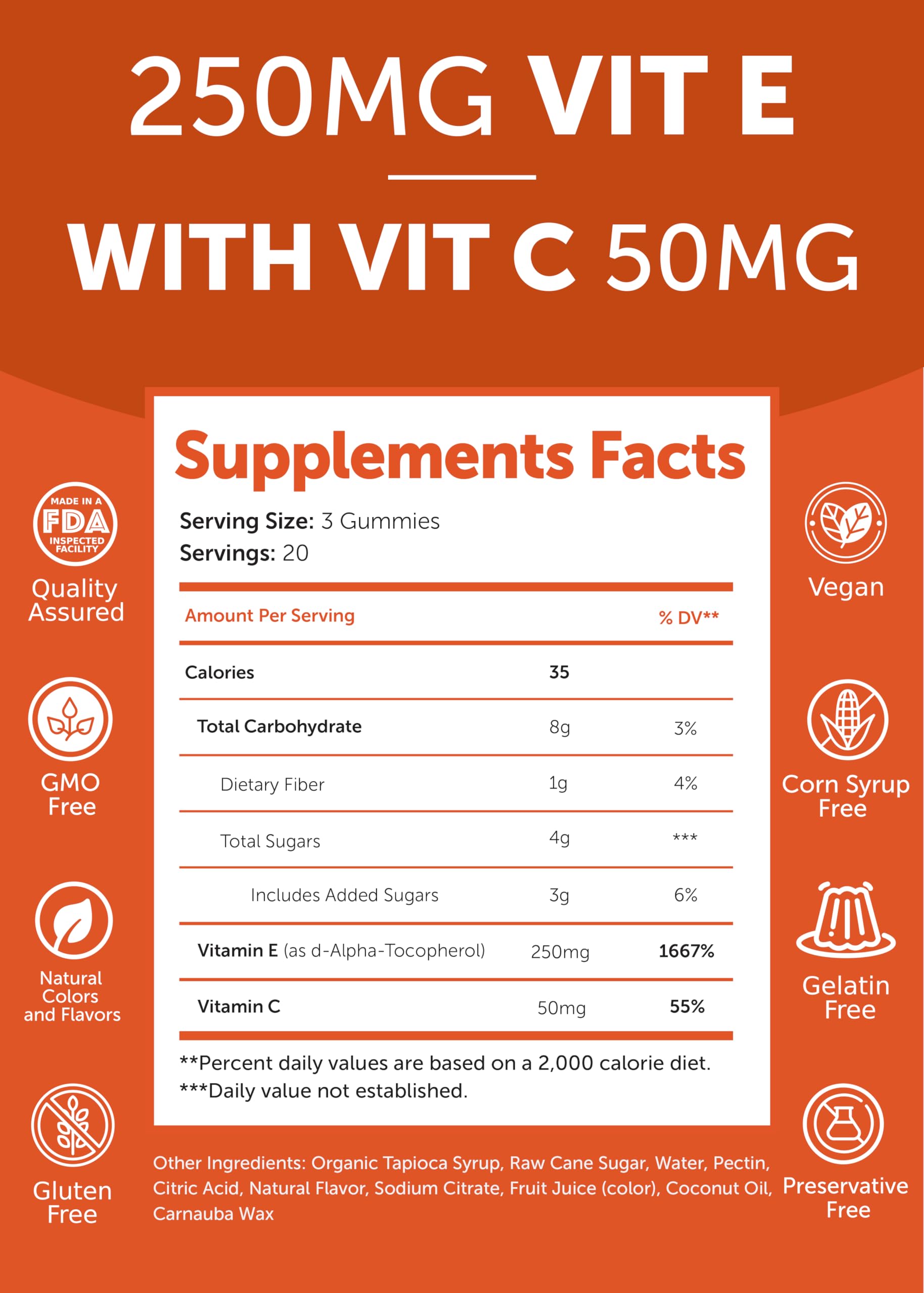 Lunakai USA Made Vitamin E Gummies 400IU with Vitamin C - Delicious, Vegan, Non-GMO Supplement for Daily Skin & Eye Support, 60ct