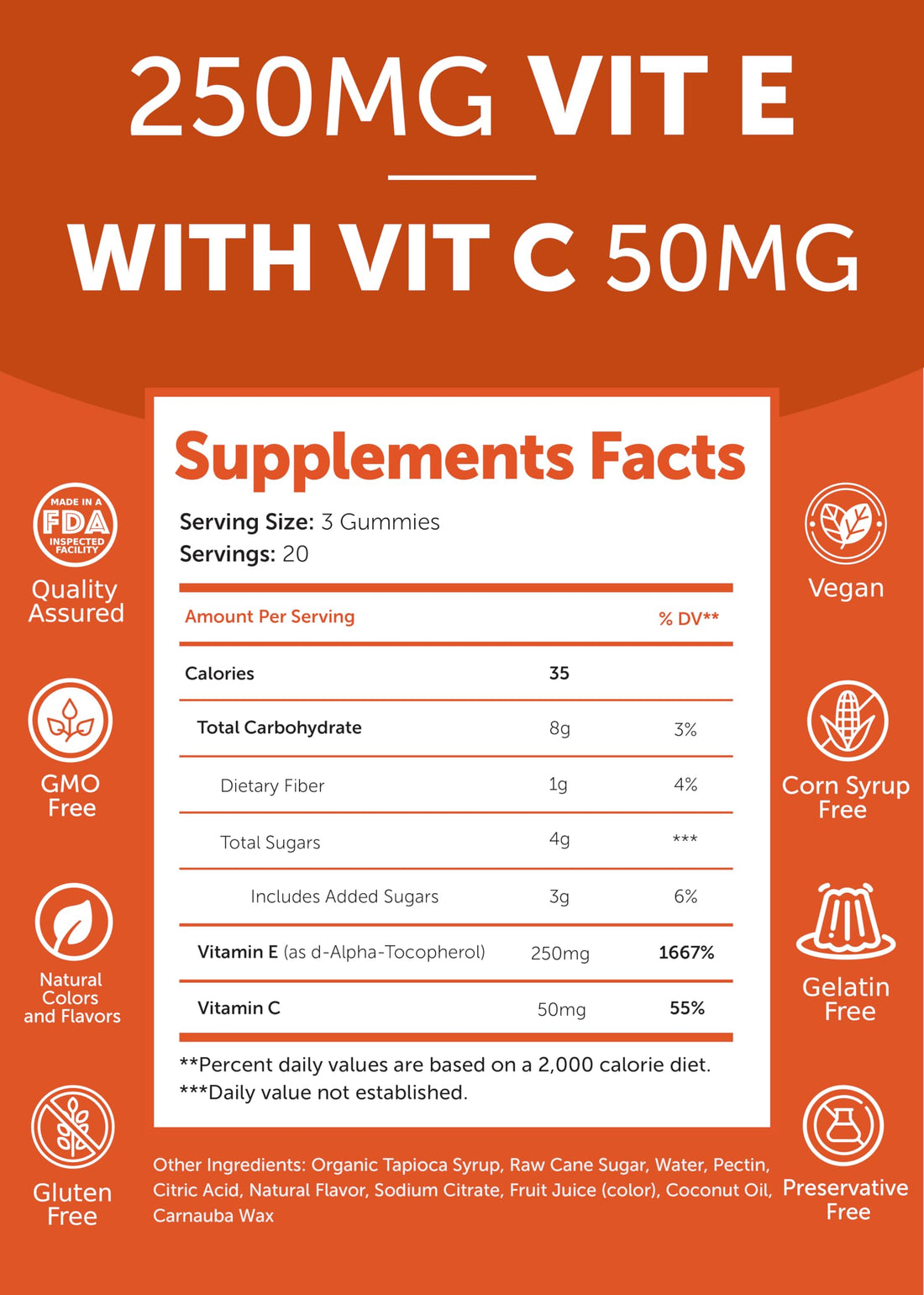 Lunakai USA Made Vitamin E Gummies 400IU with Vitamin C - Delicious, Vegan, Non-GMO Supplement for Daily Skin & Eye Support, 60ct