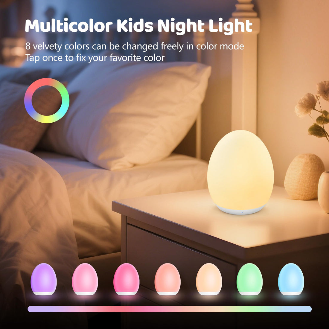 MediAcous Night Light for Kids, Egg Light for Nursery, 7 Colors Changing & Stepless Dimming, Soft Silicone Touch Night Lamp with 1 Hour Timer, Rechargeable Nursery Night for Breastfeeding