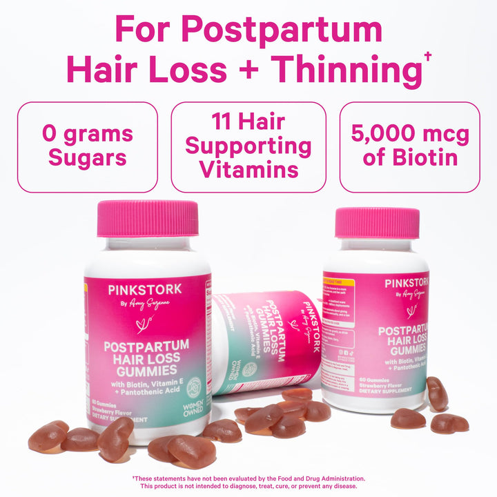 Pink Stork Postpartum Hair Loss Gummies - Biotin with Vitamin E, Pantothenic Acid, B6 & B12 for Beautiful & Strong Hair, Skin, and Nails - Postpartum Essentials for New Moms - 60 Gummy Vitamins