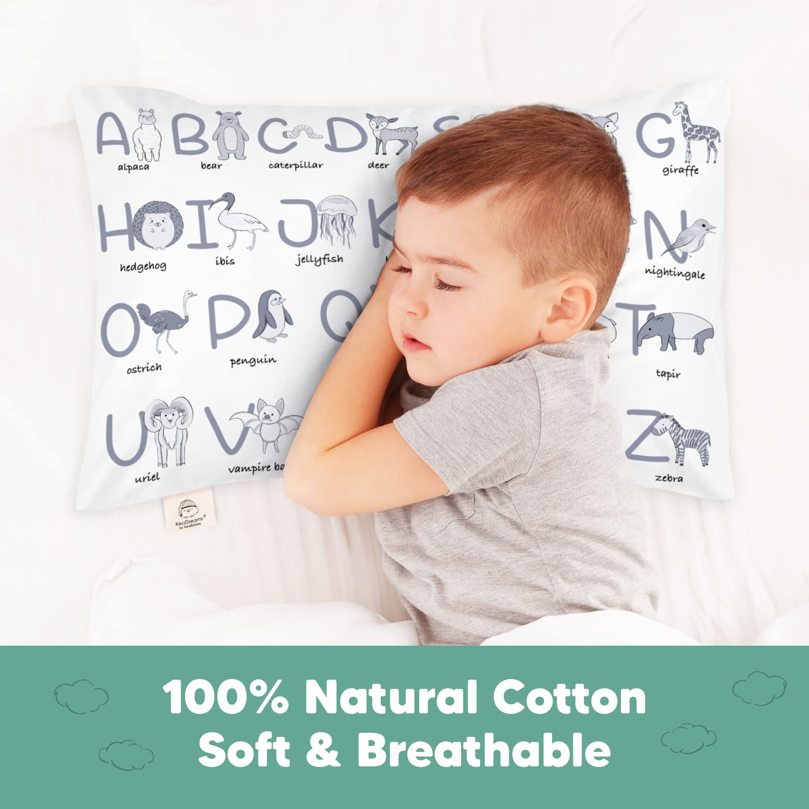 KeaBabies Toddler Pillowcase 13x18 - Organic Cotton Toddler Pillowcase for Kids, Boys, Girls, Soft & Durable Cotton Cover for Miniature Sleepy Pillows, Cute Colors, Pillow Sold Separately(Alphamals)