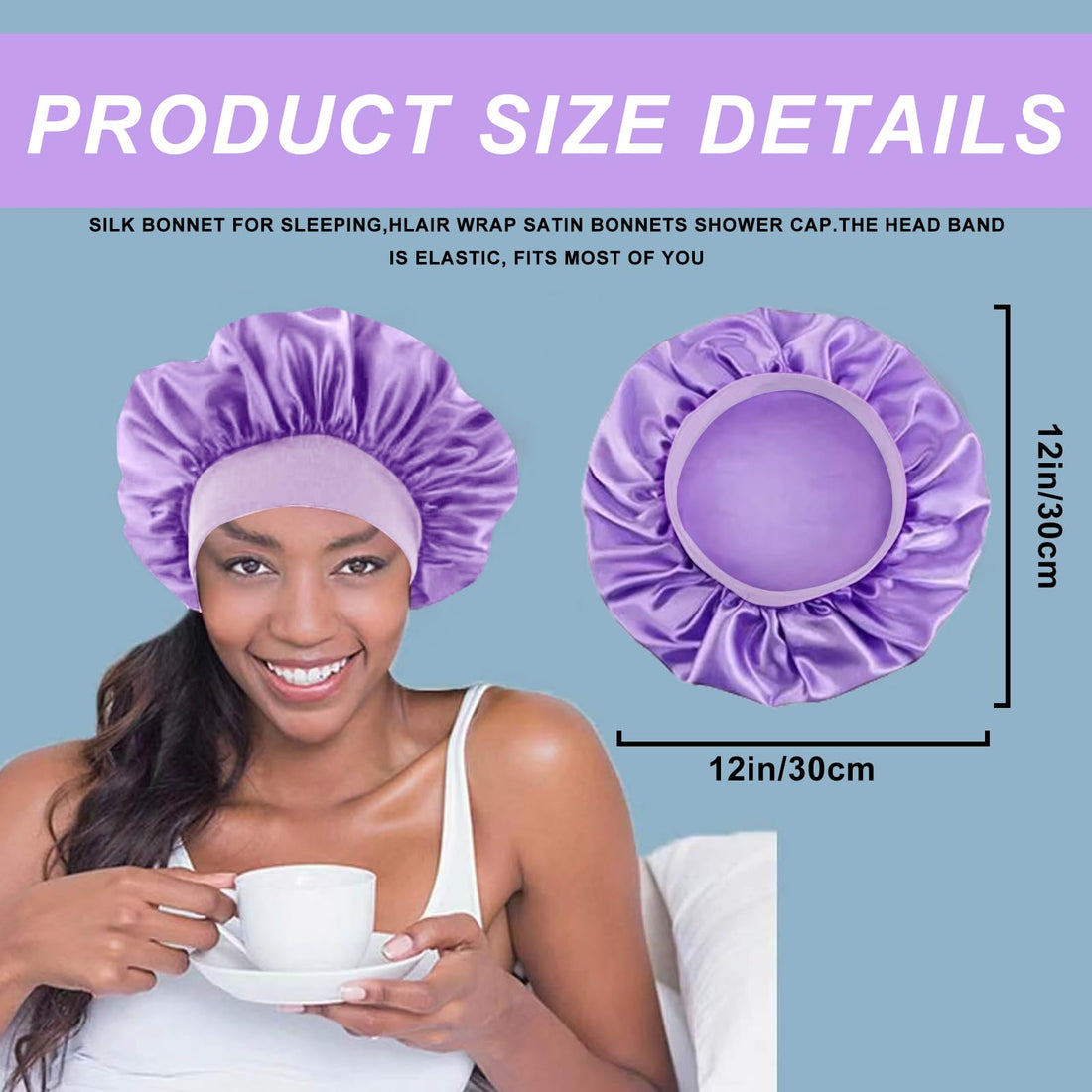 4PCS Silk Bonnet for Sleeping - Satin Bonnets for Black Women & Men, Elastic Wide Band Hair Wrap Cap for Curly Hair, Shower Cap (Black, Sapphire Blue, Pink, Purple)