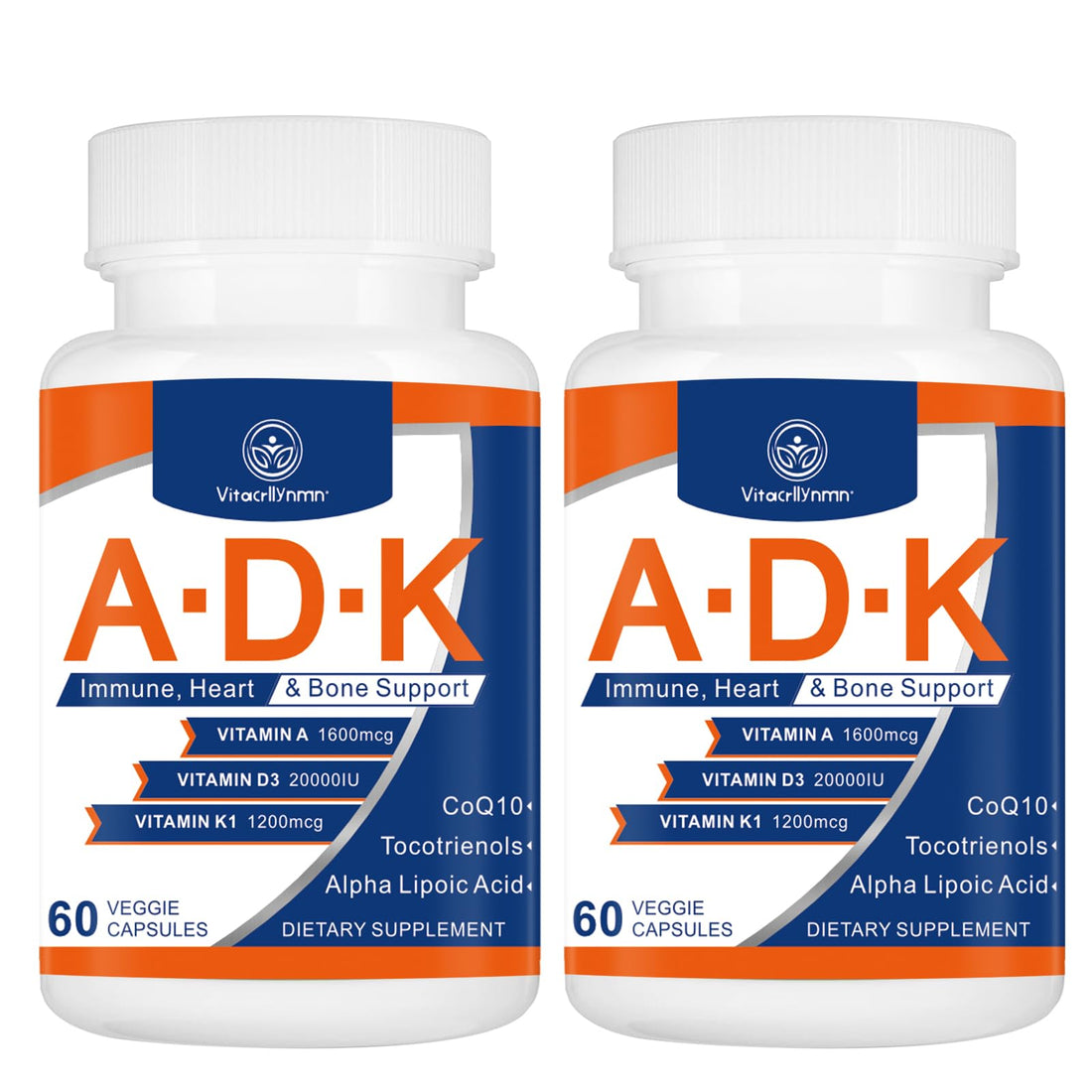 VITACRLLYNMN ADK Vitamin Supplement 20000 IU - High Potency Vitamins A, D3 and K1 for Heart, Bone Health and Immune Support Vitamin ADK 120 Capsules