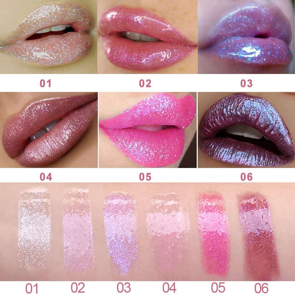 evpct 6Pcs Glitter Metallic Lip Gloss Liquid Lipstick Set Makeup Kit 6 Colors Diamond Shimmer Shinning Sparkly Sparkling Pink Red Lipstick Waterproof Long Lasting Face Eye Moisturizing High Gloss Glow