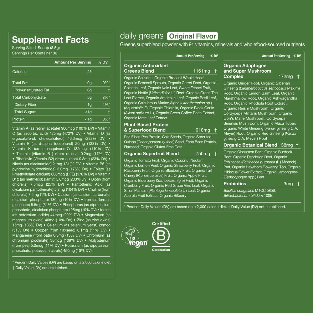 Huel Daily Greens | Superfood Greens Powder | 91 Vitamins, Minerals, and Wholefood-Sourced Ingredients | Adaptogens, Antioxidants, Gut-Friendly Probiotics | 30 Servings