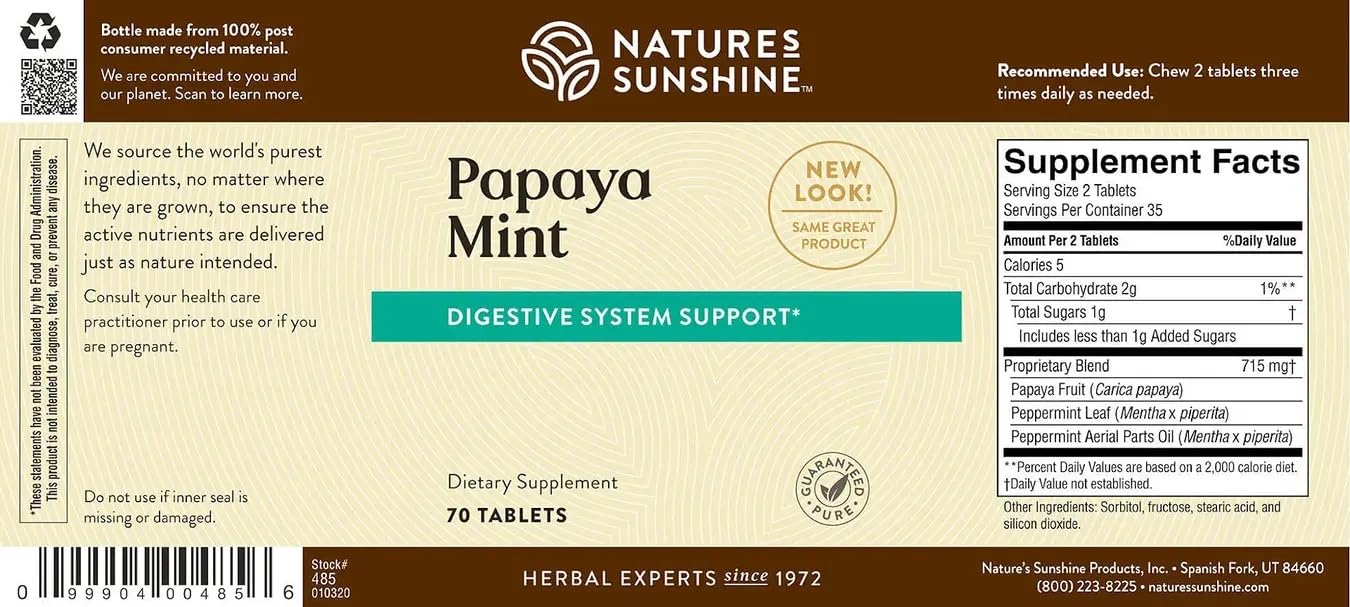 Nature's Sunshine Papaya Mint, 70 Chewable Tablets | Natural Mints with Powerful Papain Helps Digest Protein and Provides Digestion Relief