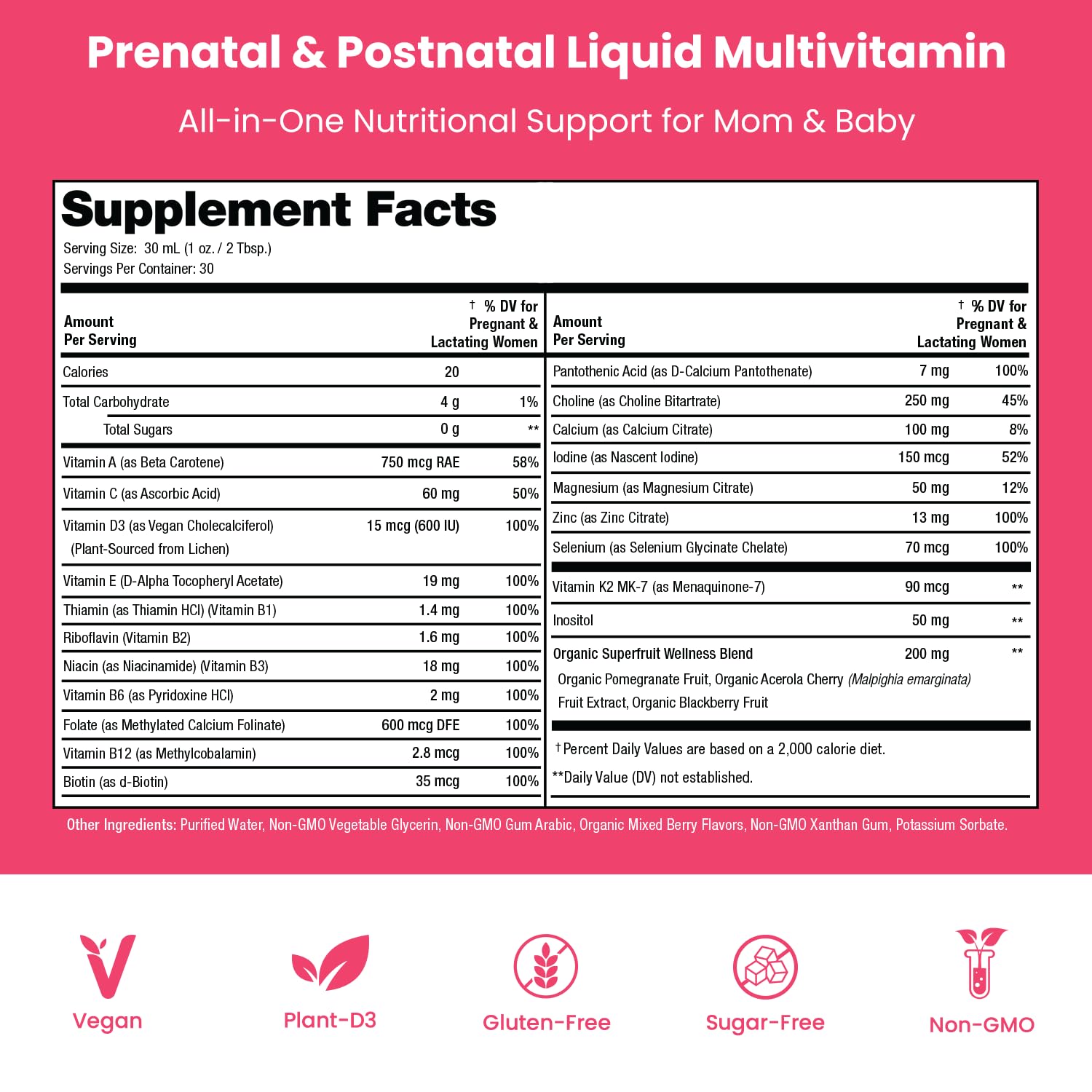 Mother's Promise Prenatal & Postnatal Multivitamin for Women | Sugar Free Liquid Prenatal Vitamins for Women with Folate, Choline & Organic Fruits for Preconception, Pregnancy & Nursing | Vegan