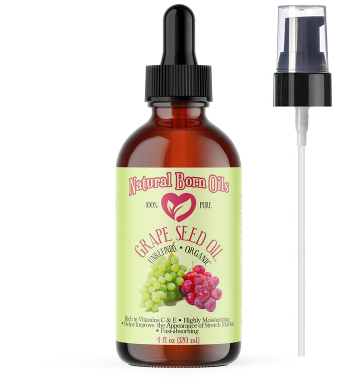 Natural Born Oils Grape Seed Oil. 4oz. 100% Pure and Natural, Cold-pressed, Organic, Moisturizer for Skin and Hair