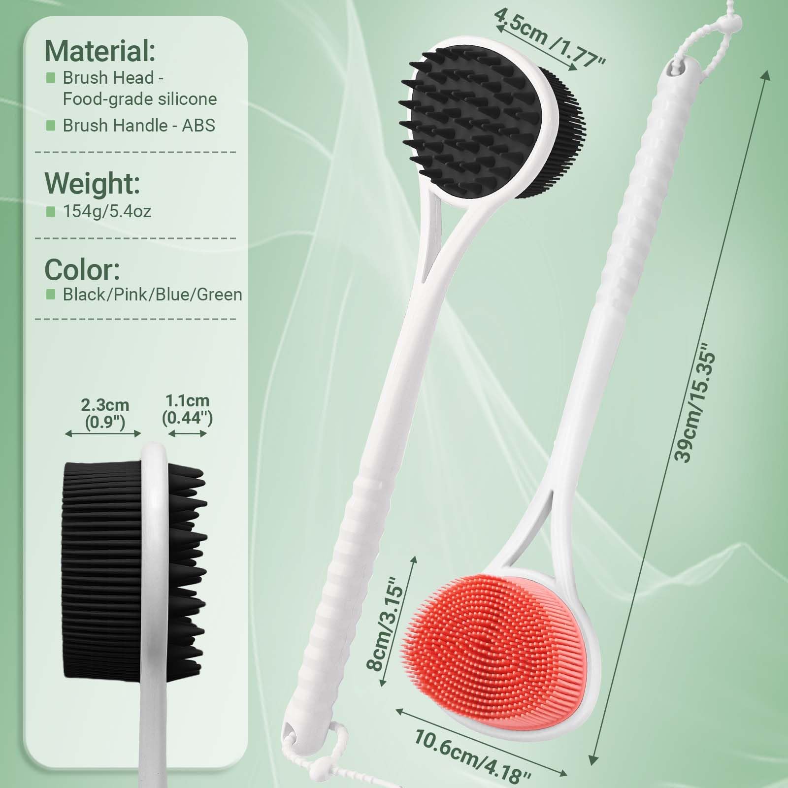 GEENOA Silicone Back Scrubber & Body Scrubber Set, 15.35’’ Back Scrubber for Shower with Dual-Side Brush Head, Silicone Loofah with Soft Bristles, Exfoliating Body Scrubber in Shower(Black-2PCS)