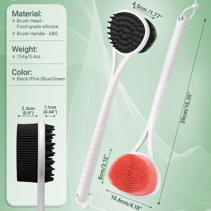 GEENOA Silicone Back Scrubber & Body Scrubber Set, 15.35’’ Back Scrubber for Shower with Dual-Side Brush Head, Silicone Loofah with Soft Bristles, Exfoliating Body Scrubber in Shower(Black-2PCS)