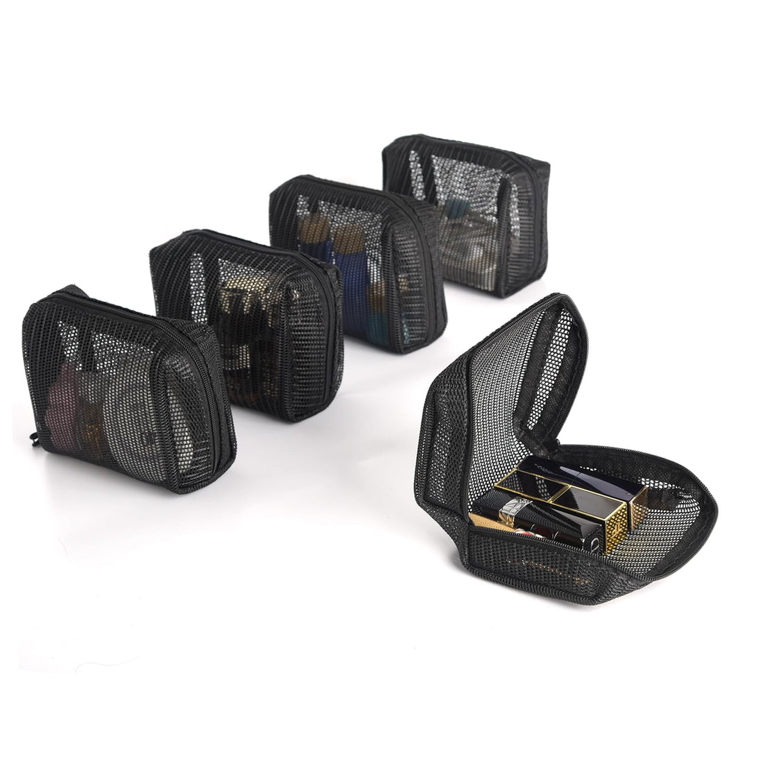 Patu Zipper Mesh Bags, Widened Pencil Case, 5 Pieces, Beauty Makeup Cosmetic Accessories Organizer, Travel Toiletry Kit Set Storage Pouch, Black