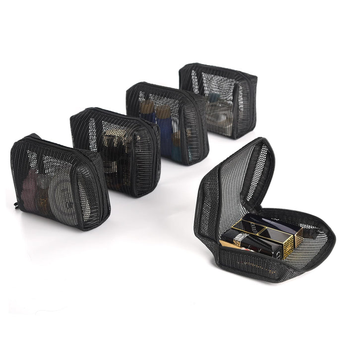 Patu Zipper Mesh Bags, Widened Pencil Case, 5 Pieces, Beauty Makeup Cosmetic Accessories Organizer, Travel Toiletry Kit Set Storage Pouch, Black