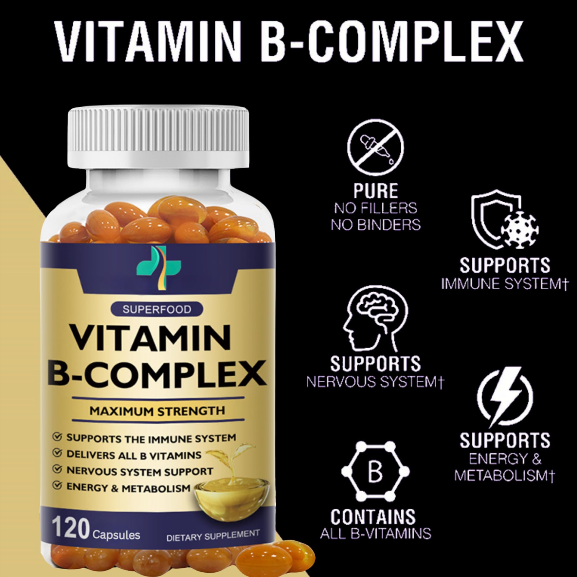 Max Strength Vitamin B-Complex + CoQ10 + Vitamin C - Natural Supplement for Energy, Metabolism Support, 120 Softgels, 60 Day Supply