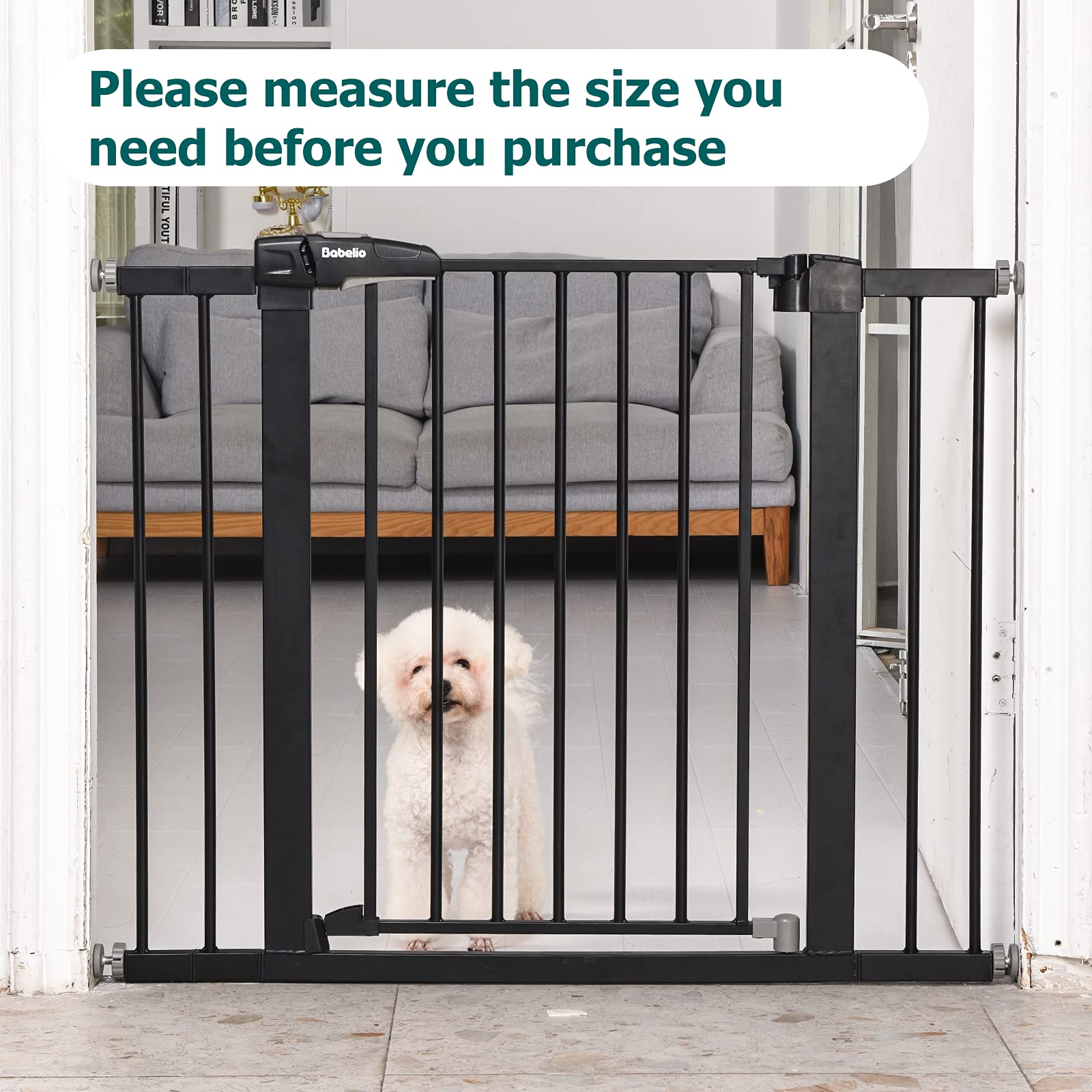 BABELIO Metal Baby Gate, 2.75 Inch Black Extension, Extra Wide Baby Gates for Stairs & Doorways, Pressure Mounted Walk Thru Child Gate with Door, NO Need Tools NO Drilling,28 Tall