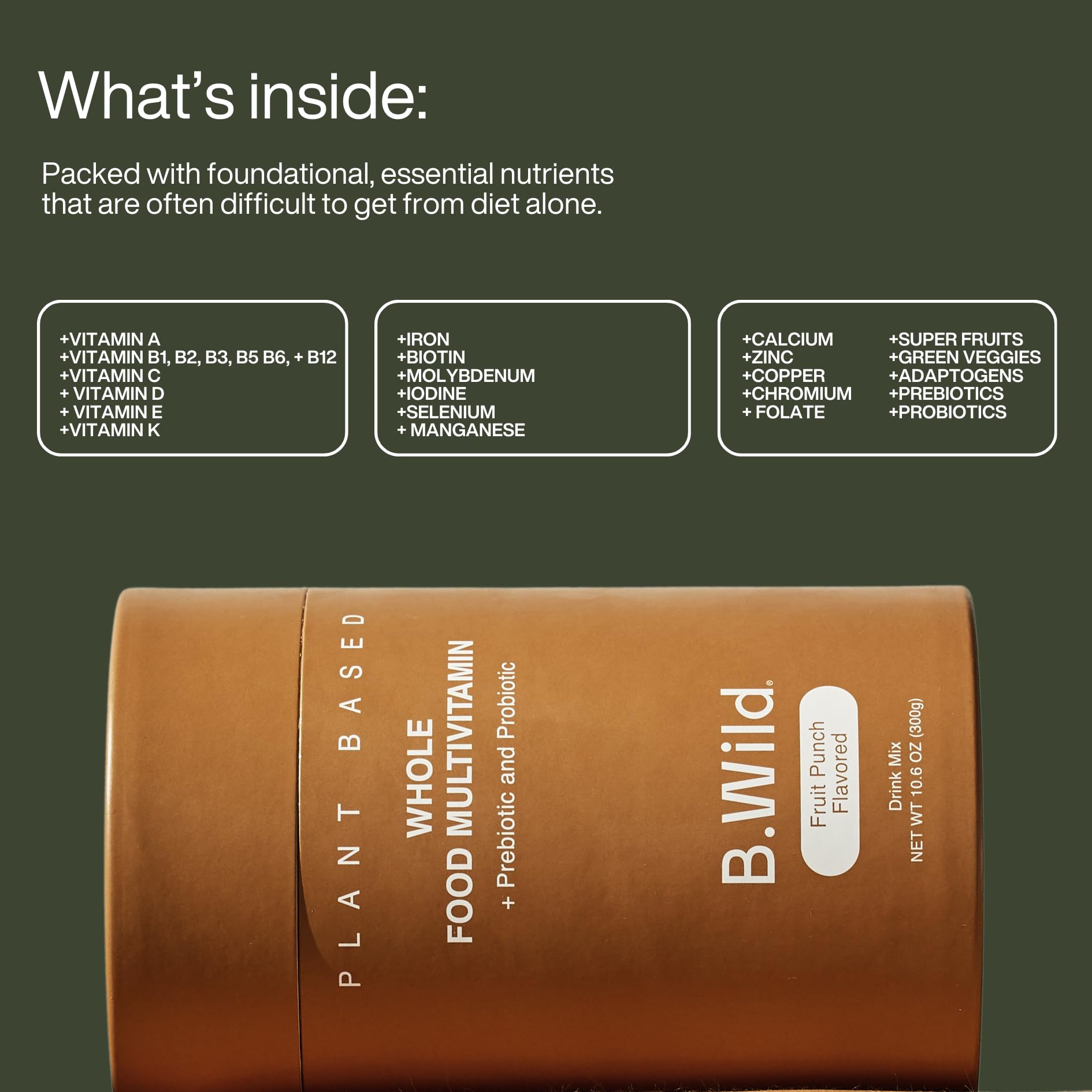 B.WILD Multivitamin Drink Mix Plant Based Antioxidant Drink | Prebiotics and Probiotics for Digestive Health - Fruit Punch Flavor - 300 g, 30 Day Supply