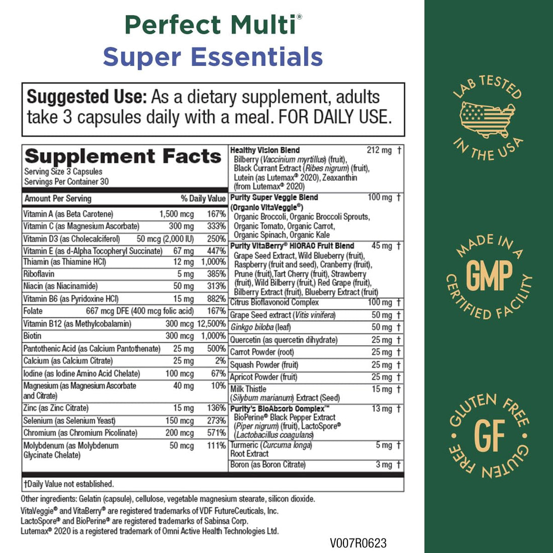 Purity Products Perfect Multi Super Essentials - Multivitamin + Fruits and Vegetables + Promotes Healthy Day and Night Vision Featuring Lutein, Zeaxanthin and Black Currant Extract - 90 Capsules