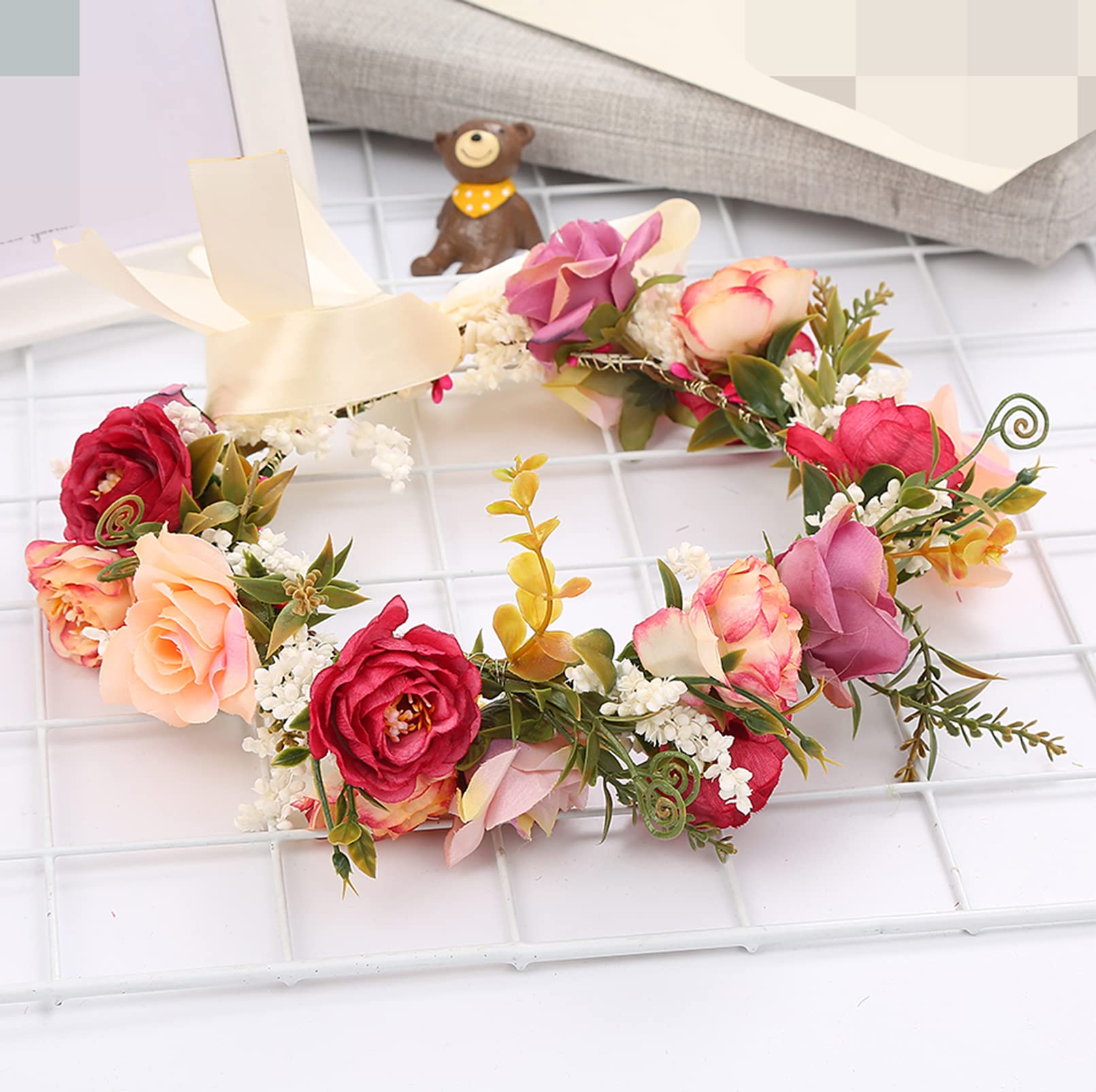 LINFLL Rose Flower Crown Wreath Headband Festival Wedding Hair Floral Halo Headpiece with Ribbon Rose Red