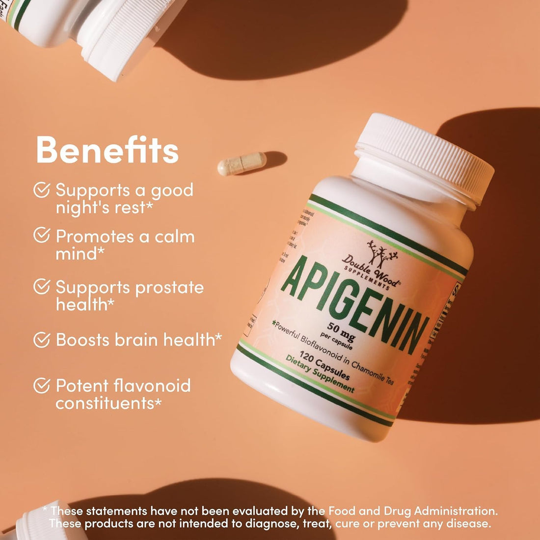 Apigenin Supplement - 50mg per Capsule, 120 Count (Powerful Bioflavonoid Found in Chamomile Tea for Relaxation, Sleep, and Mood) Senolytic Flavonols for Aging (Gluten Free) by Double Wood